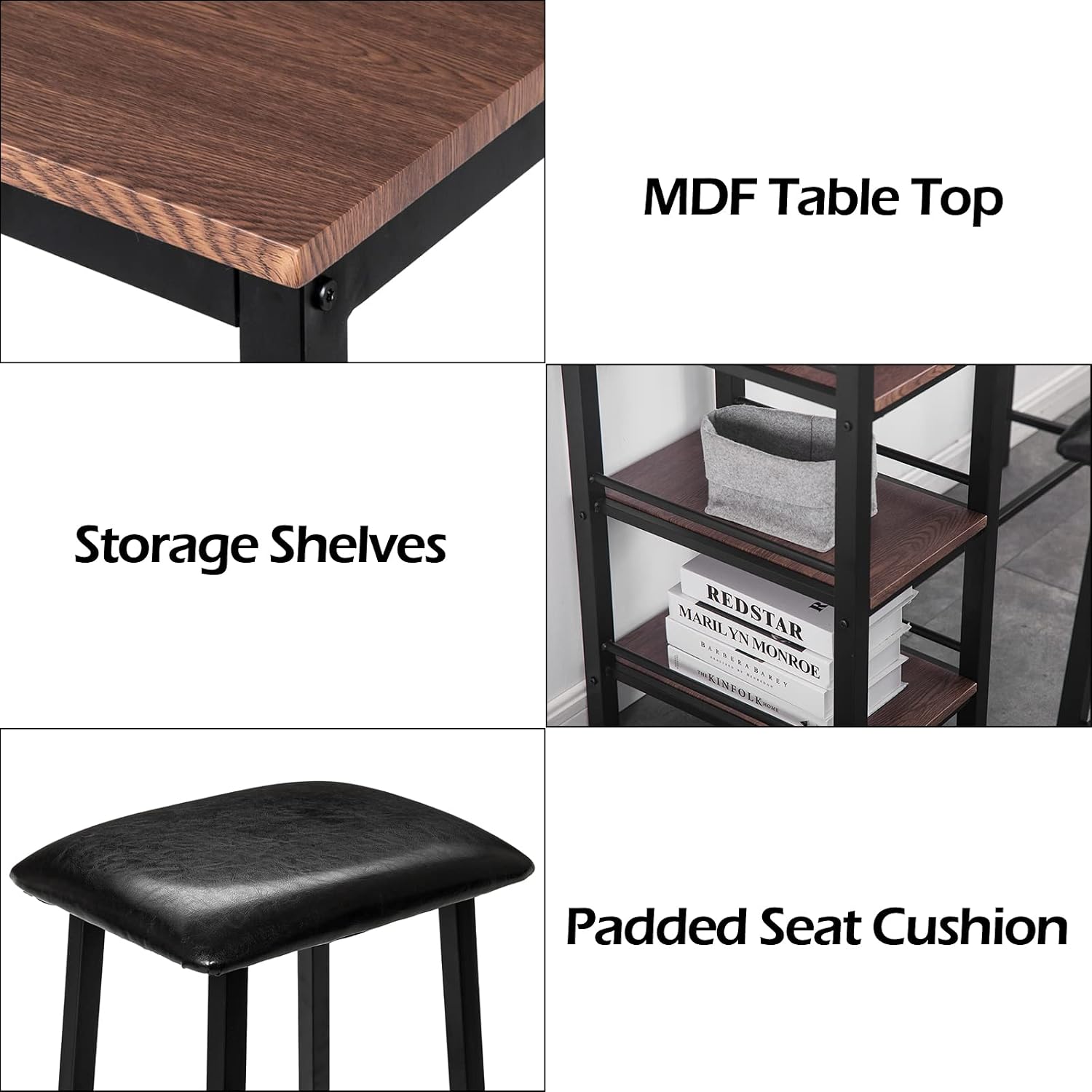 Bonnlo 3-Piece Bar Table and Chairs Set for 2, Counter Height Dining Table Set,Small Kitchen Dining Table with 2 Upholstered Stools & 3 Open Storage Shelves (Walnut)