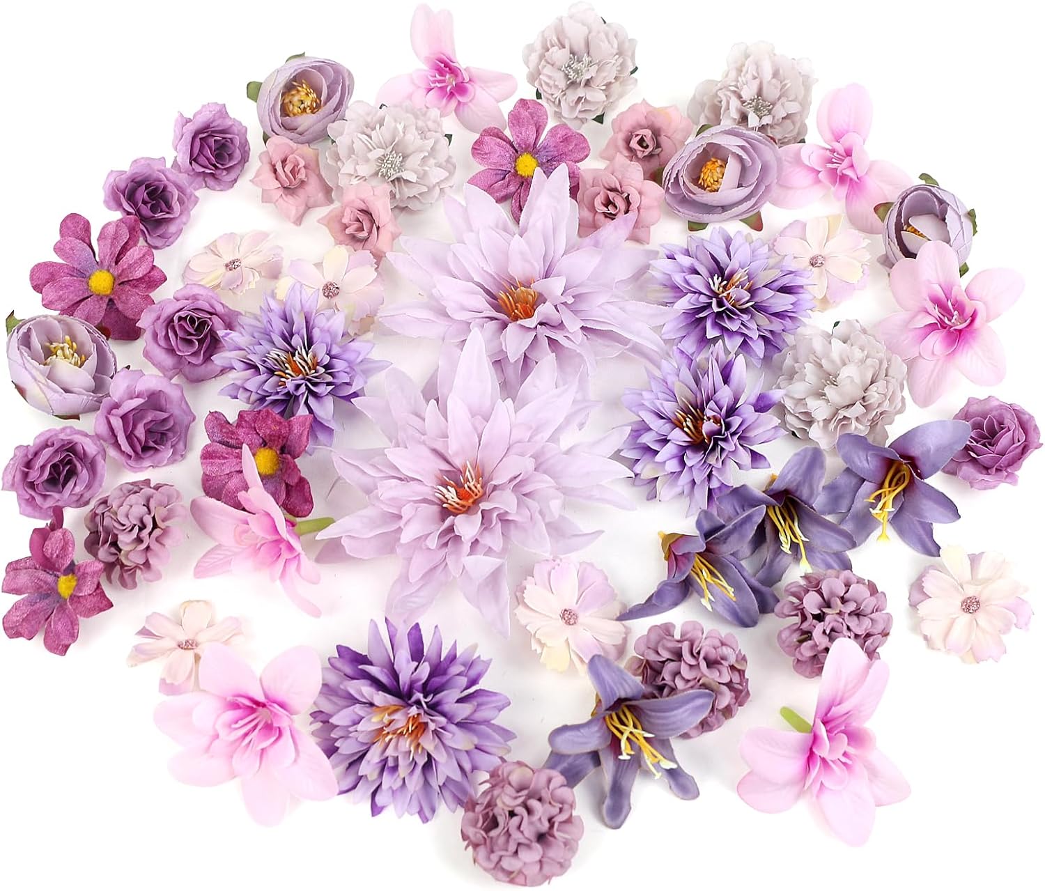48 PCS Artificial Flowers Heads, Fake Daisy Heads Bulk Silk Faux Rose DIY Cake Decor Blossom Garland Wreath Bouquets Crafts for Halloween Wedding Bridal Baby Shower Home Party Decoration(Purple)