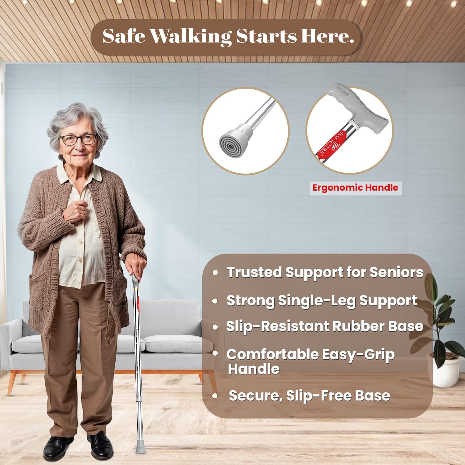 EASYCARE® Walking Stick | Lightweight Aluminium with 10 Height Levels Adjustable | Ergonomic Handle, Anti-Slip Base | Support for Old Age Seniors, Men, Women & Patients (Single Leg) - Image 3 thumbnail