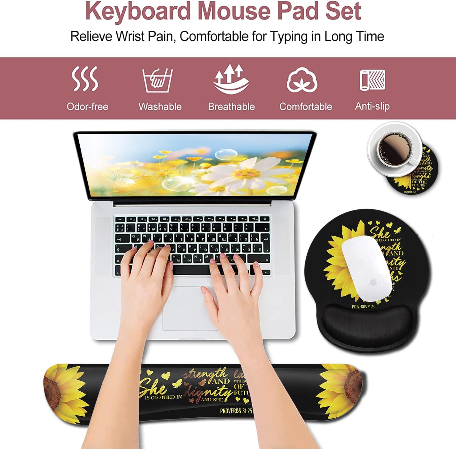 Mouse Pad Keyboard Wrist Rest Coaster, Mouse Support Set,Sunflower Christian Bible Verse Black padErgonomic Memory Foam Mouse and Keyboard Pad Set for Laptop Computer Office Home Working Gaming