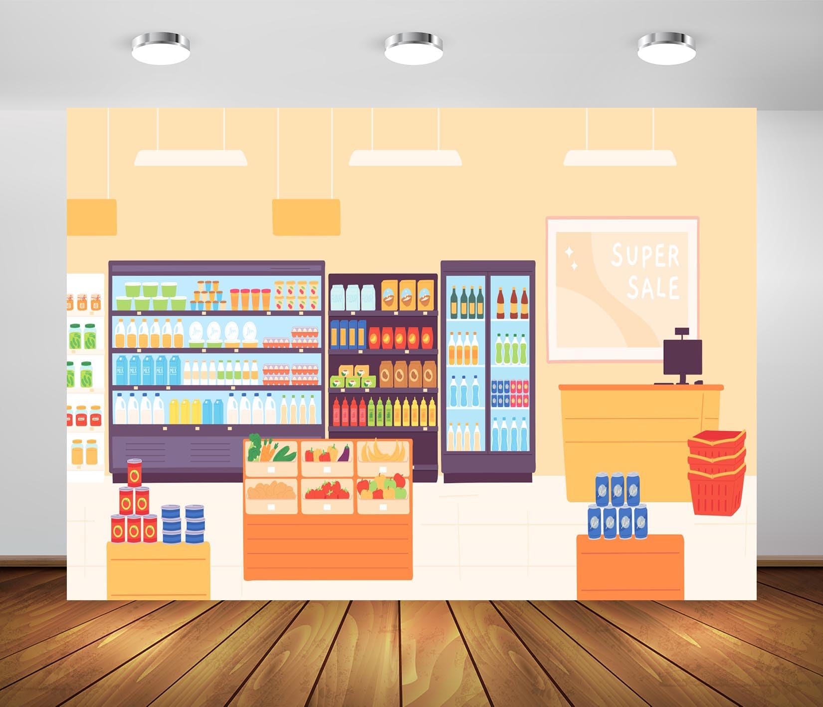 Loccor 7x5ft Fabric Cartoon Supermarket Backdrop Grocery Shop Food Shelf Cash Desk Interior Scene Background for Party Decorations Kids Photo Studio