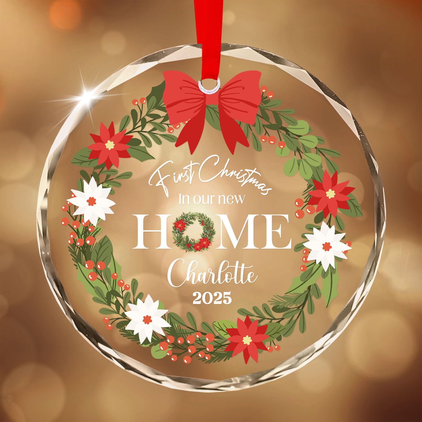 Personalised Christmas Bauble, First Christmas in New Home Bauble Ornament, Custom Crystal Photo Ornaments for Xmas Gifts Family — image 1
