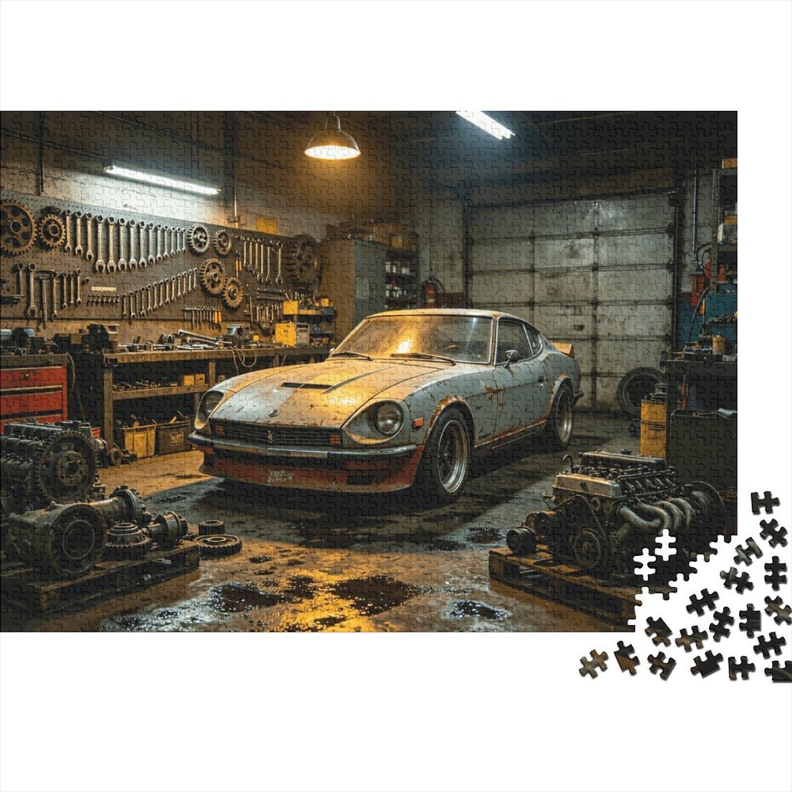 Vintage Car Garage Jigsaw Puzzles 1000 Piece Recyclable Material Retro Vibe Puzzle for Adults Great Gift Idea Fun Family Gaming Time Activity 38x26cm/1000pcs