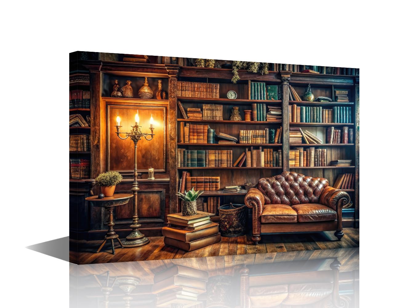 TISHIRON Vintage Bookshelf Wall Art Painting Books Bedroom Living Room Wall Decor 1 Piece Framed Modern Pictures Canvas Prints Artwork for Bathroom Office Decorations, 18x12in
