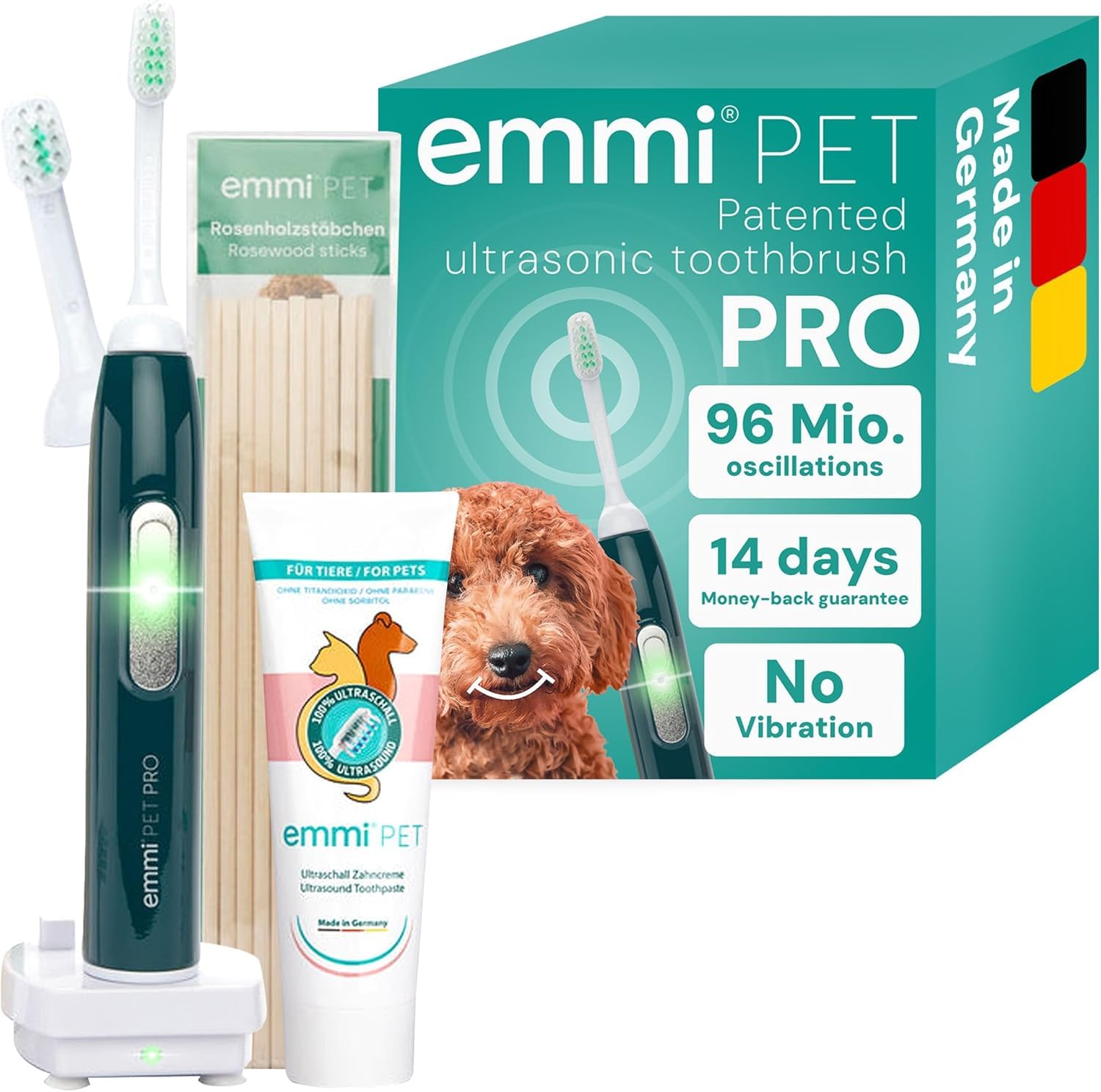 emmi-pet 2.0 Kit Base di Igiene Dentale per Cani e Gatti | Spazzolino a Ultrasuoni Silenzioso | Rimuove Placca, Biofilm e Tartaro | Riduce Gengiviti e Alito Cattivo | Con Accessori Completi