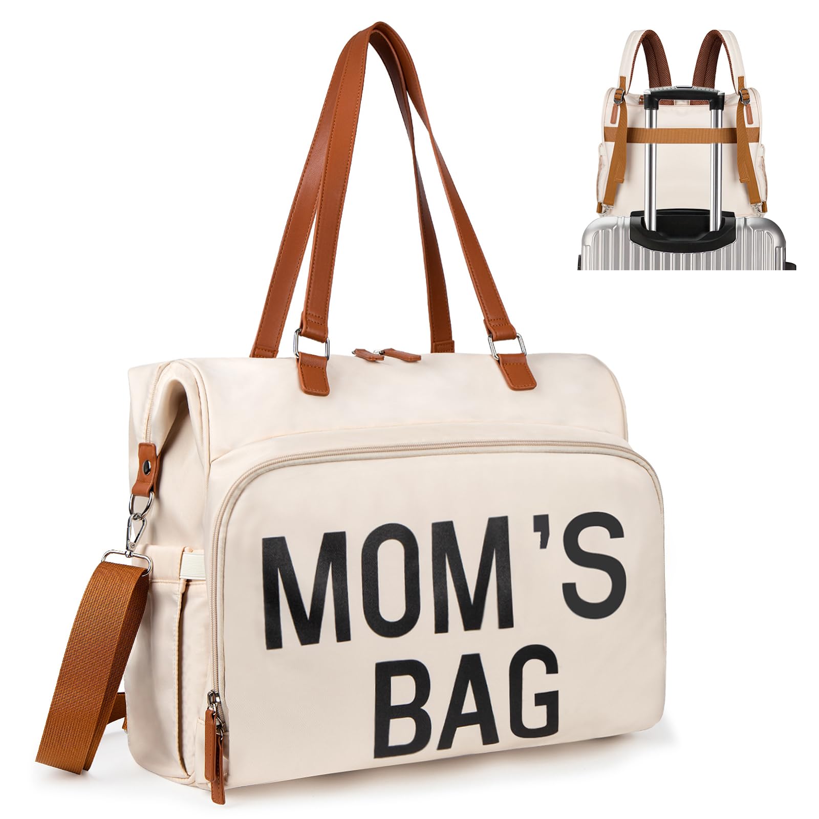 Diaper Bag Backpack Baby Bag, 4 in 1 Diaper Bag Tote, Mom Bag for Hospital with 14 Pockets, Diaper Tote Bag for Labor & Delivery, Large Waterproof Baby Travel Bag with 3 Insulated Pockets, Beige