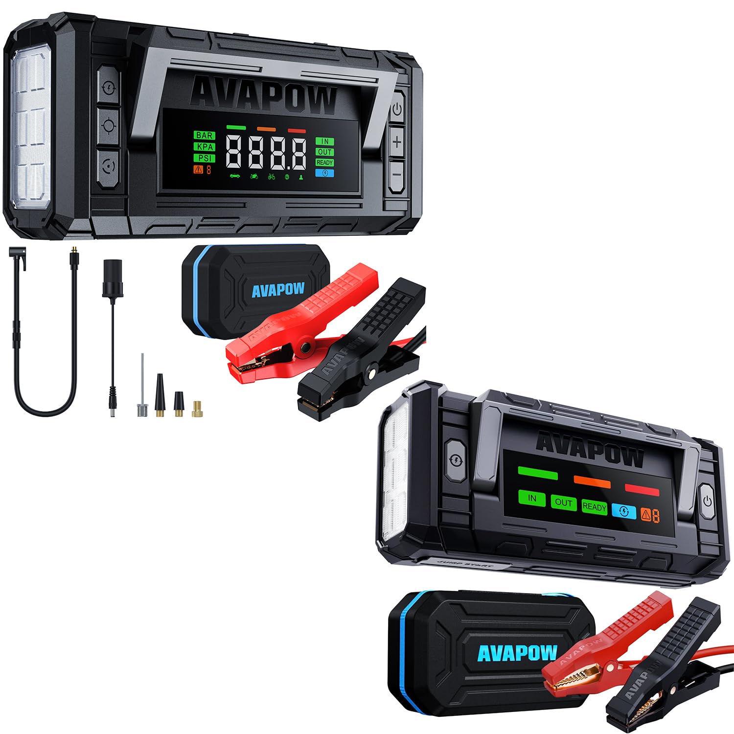 AVAPOW 5000A 150PSI Jump Starter Whit Air Compressor with 4 HD Display AVAPOW TJ68 10000A Battery Jump Starter