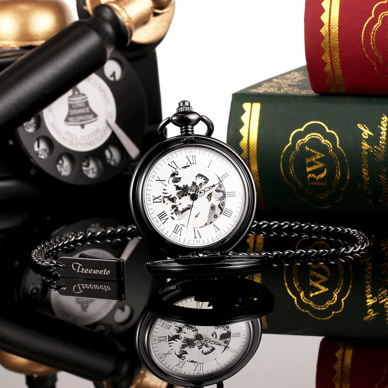 TREEWETO Orologio da taschino meccanico da uomo, con scheletro, drago cavo, con catena e scatola