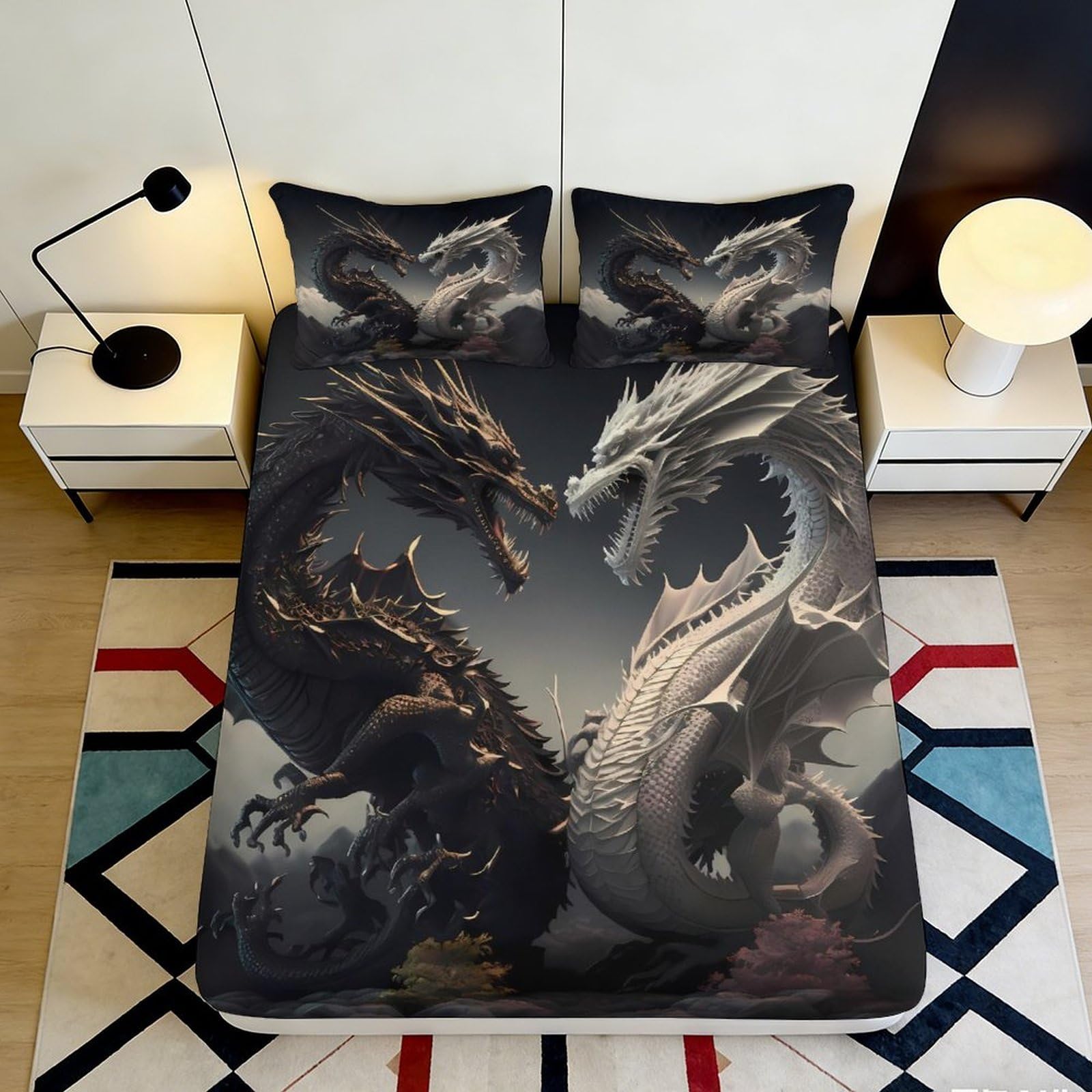 3D Printed Dragon Pattern Fitted Sheet Microfiber Deep Pocket Bedding Dragons Mattress Fitted Cover Non-Slip Washable for Adults Teens 200x200x25cm 90x200x25cm