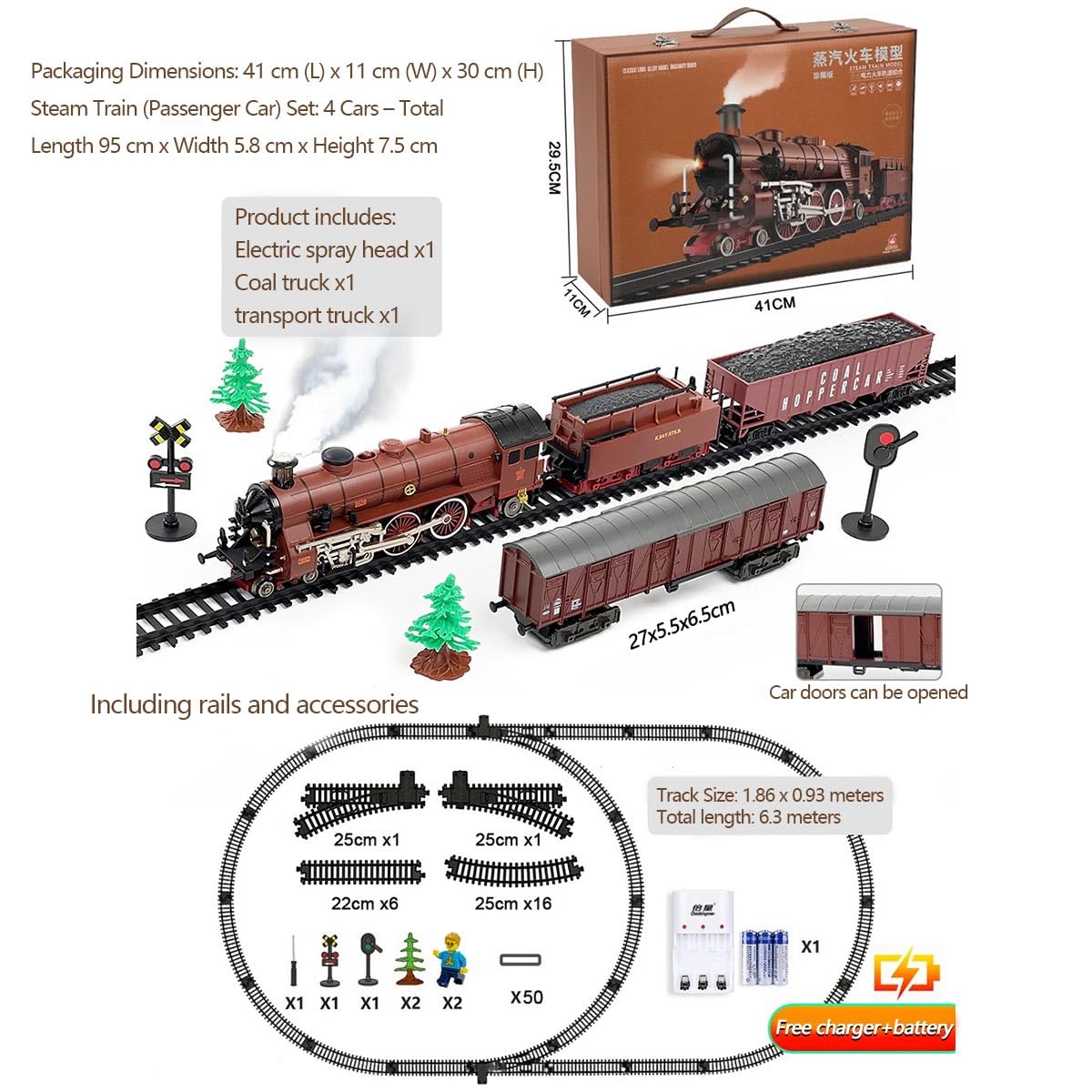 Set treno elettrico, modellino di locomotiva in lega con carrello e pista lunga, controllo fischio/fumo, regalo divertente per adolescenti e adulti (modello 22918/rosso)