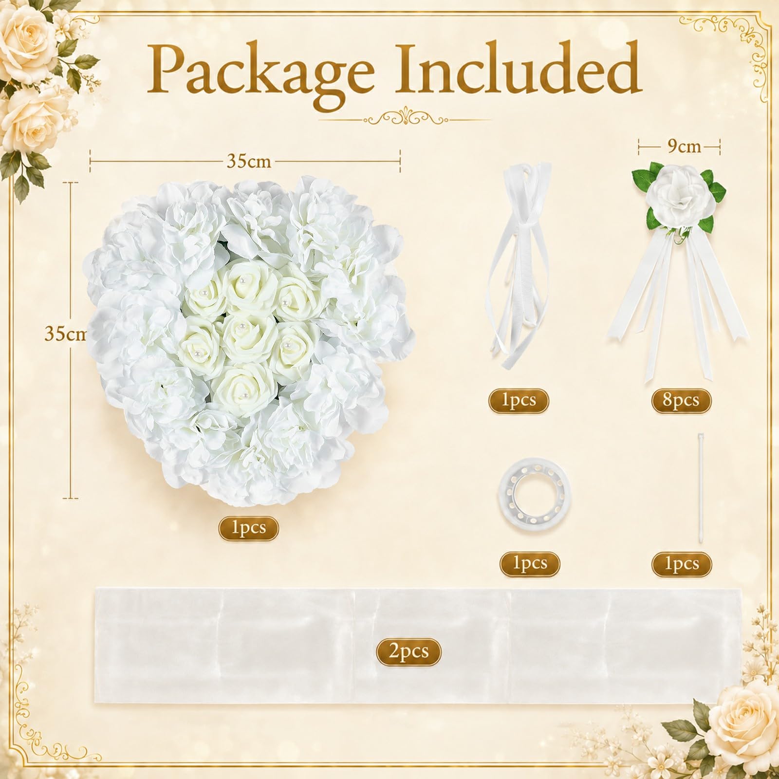 Autoschmuck Hochzeit Motorhaube, Weiß Auto Motorhaube Hochzeitsschmuck Set | Weiß Rosendekoration mit 35 cm Hauptblume, acht 9 cm Blumen mit Saugnäpfen, Tüll für Just Married, Wedding Ceremony