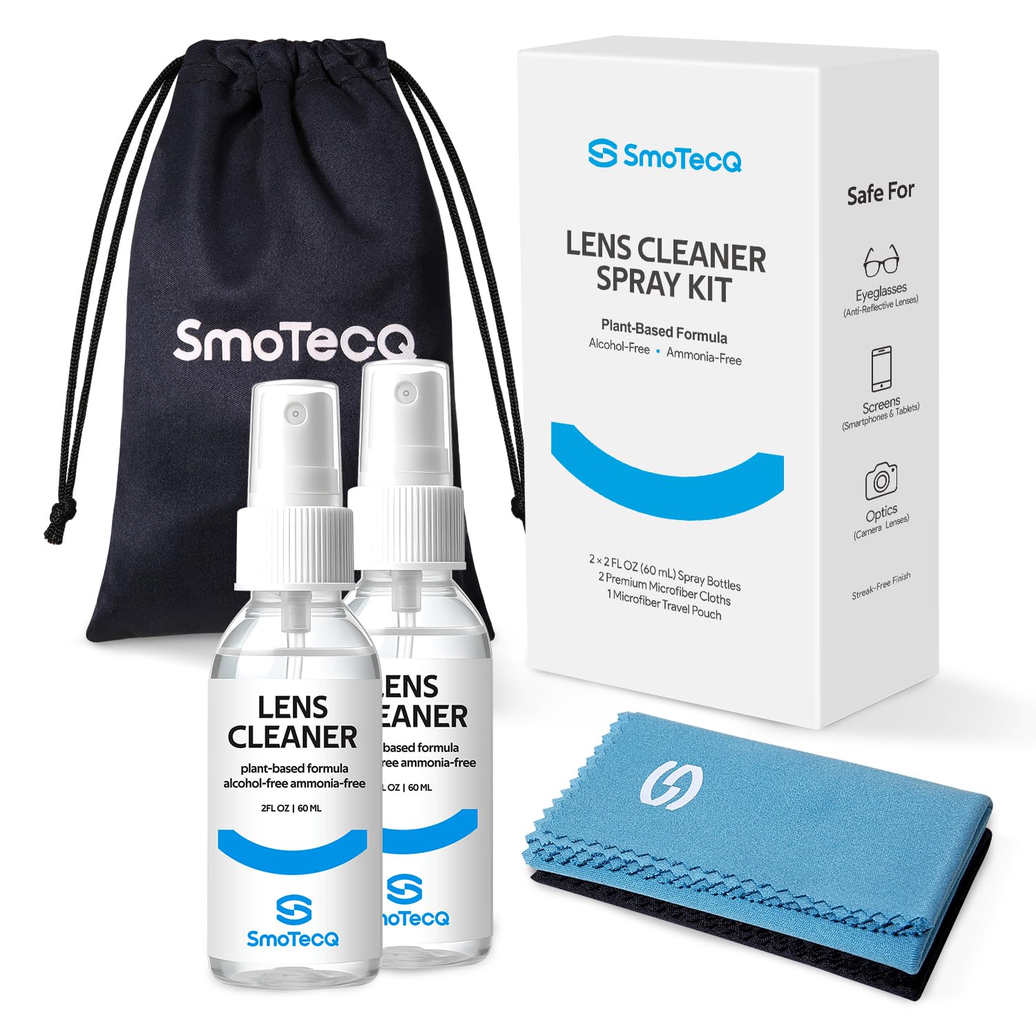 SmoTecQ Glasses Cleaner Kit – Alcohol-Free, Plant-Based Spray + Ultra-Soft Microfiber Cloths for Eyeglasses, Screens & Cameras – 2 x 2oz Spray Bottles + 2 Cloths + Travel Pouch Set