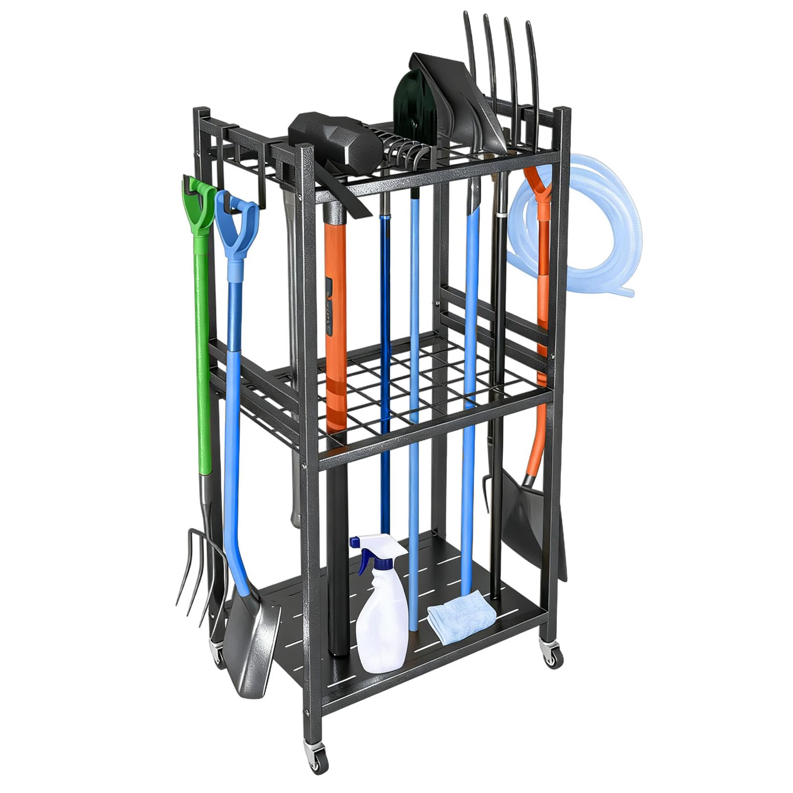 Sttoraboks Tuingereedschap-organizer, tuingereedschapstorenrek voor garageorganisatie en opslag, tot 35 gereedschappen met lange steel, zware stalen tuingereedschapstandaard voor schuur, buiten, zwart