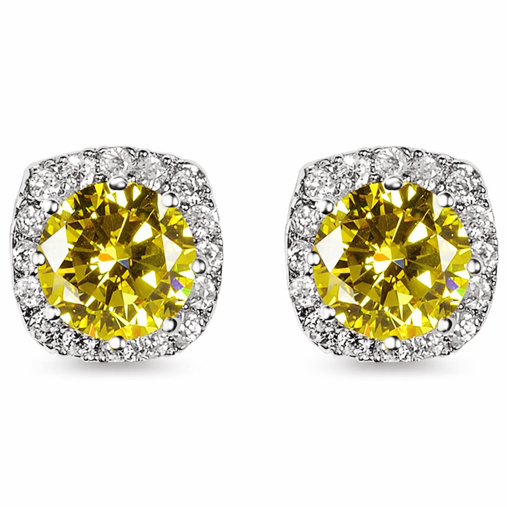 18K White Gold Plated Round-Cut CZ Sterling Silver 10mm Cushion Diamond Engagement Stud Earrings Yellow