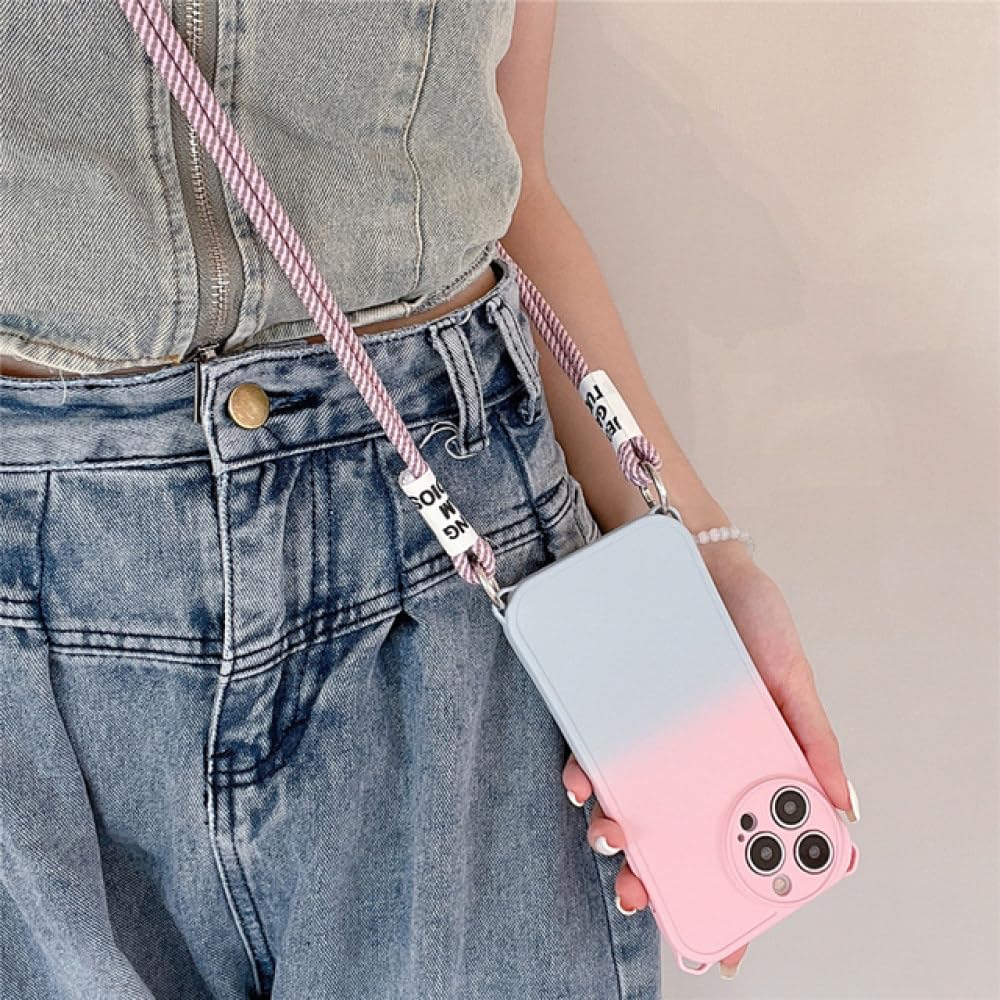 Coque en silicone dégradé rose avec cordon pour iPhone 14 Pro Max