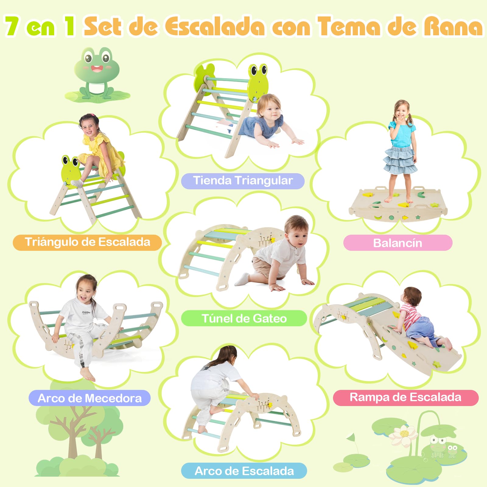 COSTWAY Triángulo de Escalada Interior, Estructura de Escalada Plegable con Tobogán, Arco de Escalar, Triángulo de Madera para Niños de 1+ año (Rana-3 Piezas,Verde)
