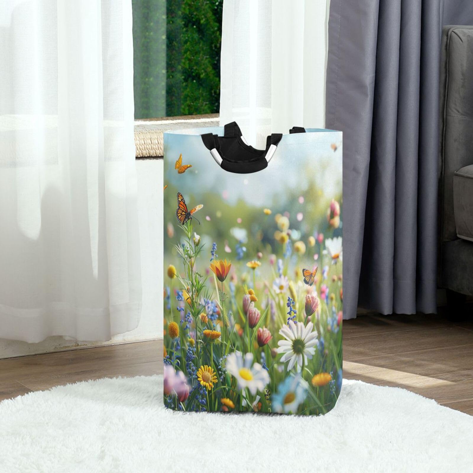 Jihqo Laundry Hamper Basket Spring Wildflowers Meadow Collapsible Nursery Storage Bin Waterproof Clothing Baskets for Home Bedroom Bathroom Washing Room