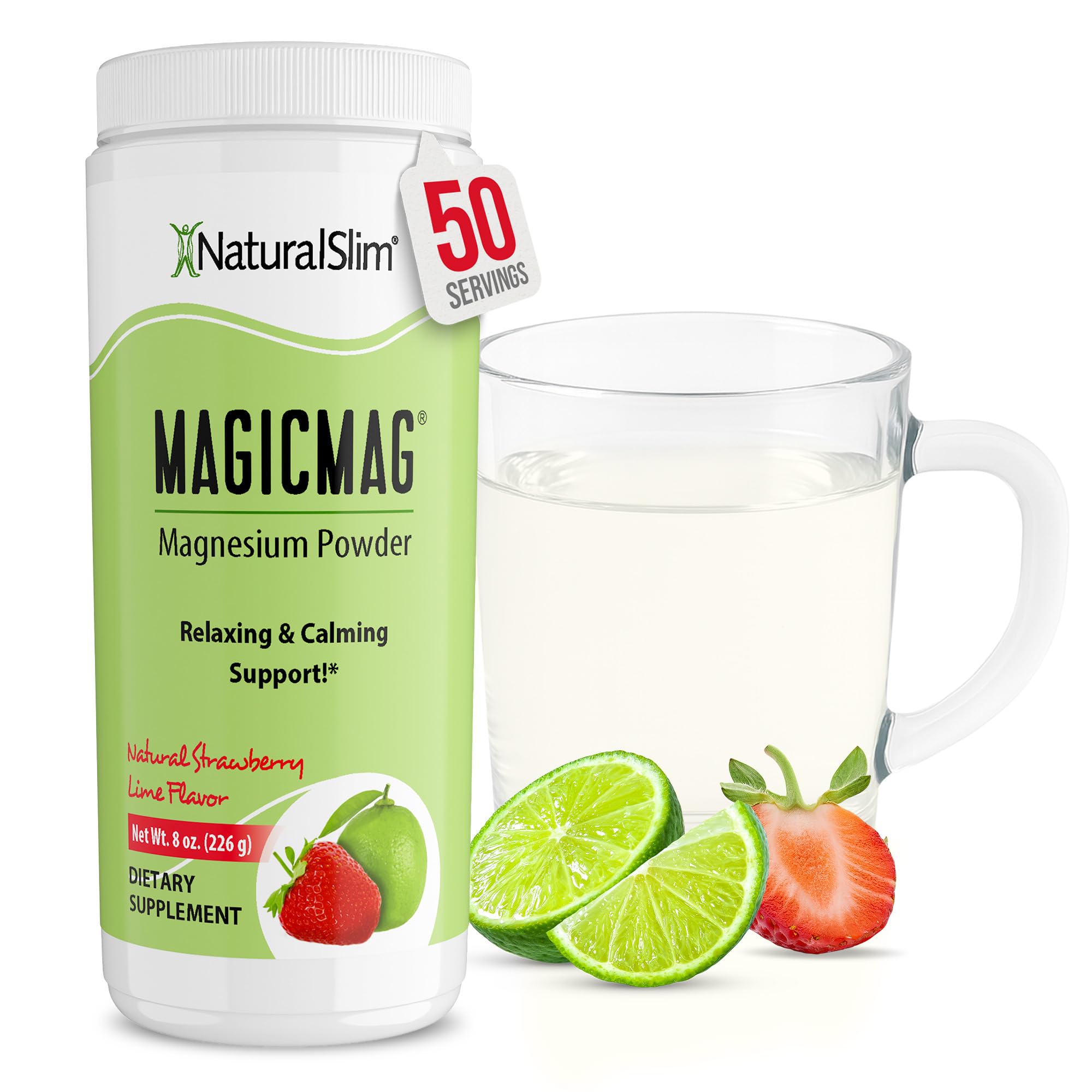 NaturalSlim Magicmag Pure Magnesium Citrate Powder – Stress, Constipation, Muscle, Heart Health, and Sleep Support | Natural Strawberry & Lime Flavored Magnesium Supplement - 8oz Drink Mix (Solo)