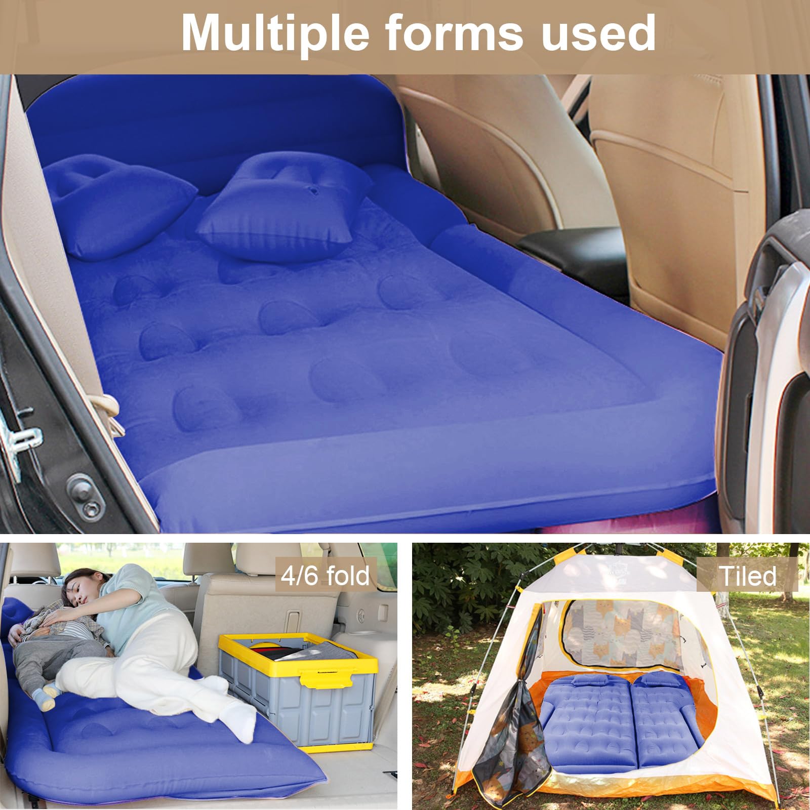 Vinteky Matelas Gonflable Lit Gonflable pour Voyage sur Voiture Coussin Gonflable Sièges d'auto Multifonctionnel avec Pompe à air et Oreillers pour Véhicule SUV pour Picnic Voyage Camping (Bleu)