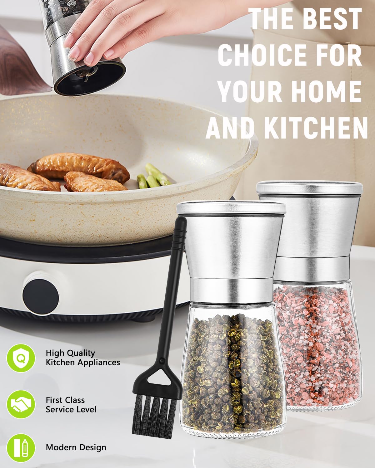 Macina Sale e Pepe manuale Set di 2 pezzi, Macinapepe in Vetro e Acciaio Inox, Macina Pepe, Macinasale, Smerigliatrice Ceramica Finezza Regolabile, strumento ideale per la cucina di casa, Pepper Mills