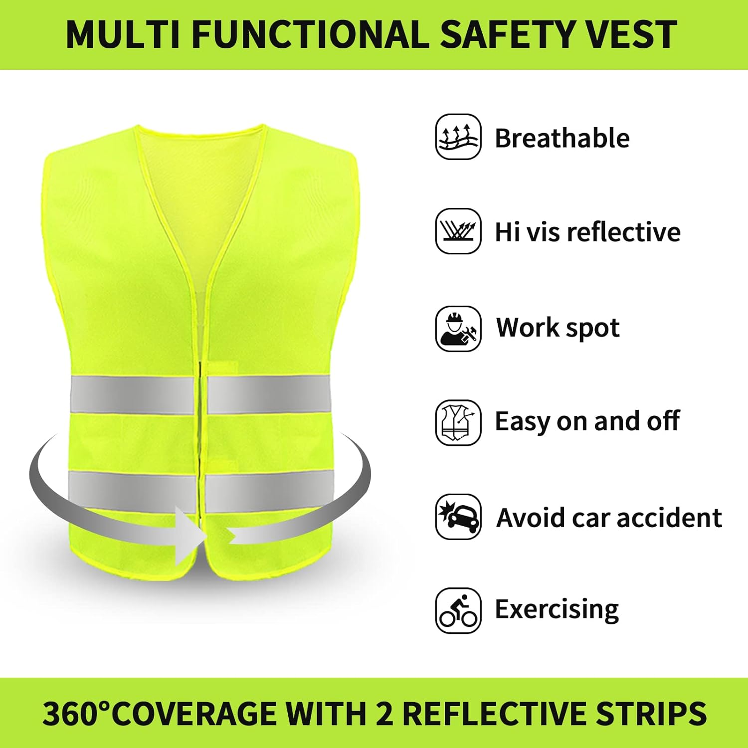 Safety Vest, Reflective High Visibility Construction Vest for Men, Work, Cycling, Runner, Surveyor, Volunteer, Road - Image 2