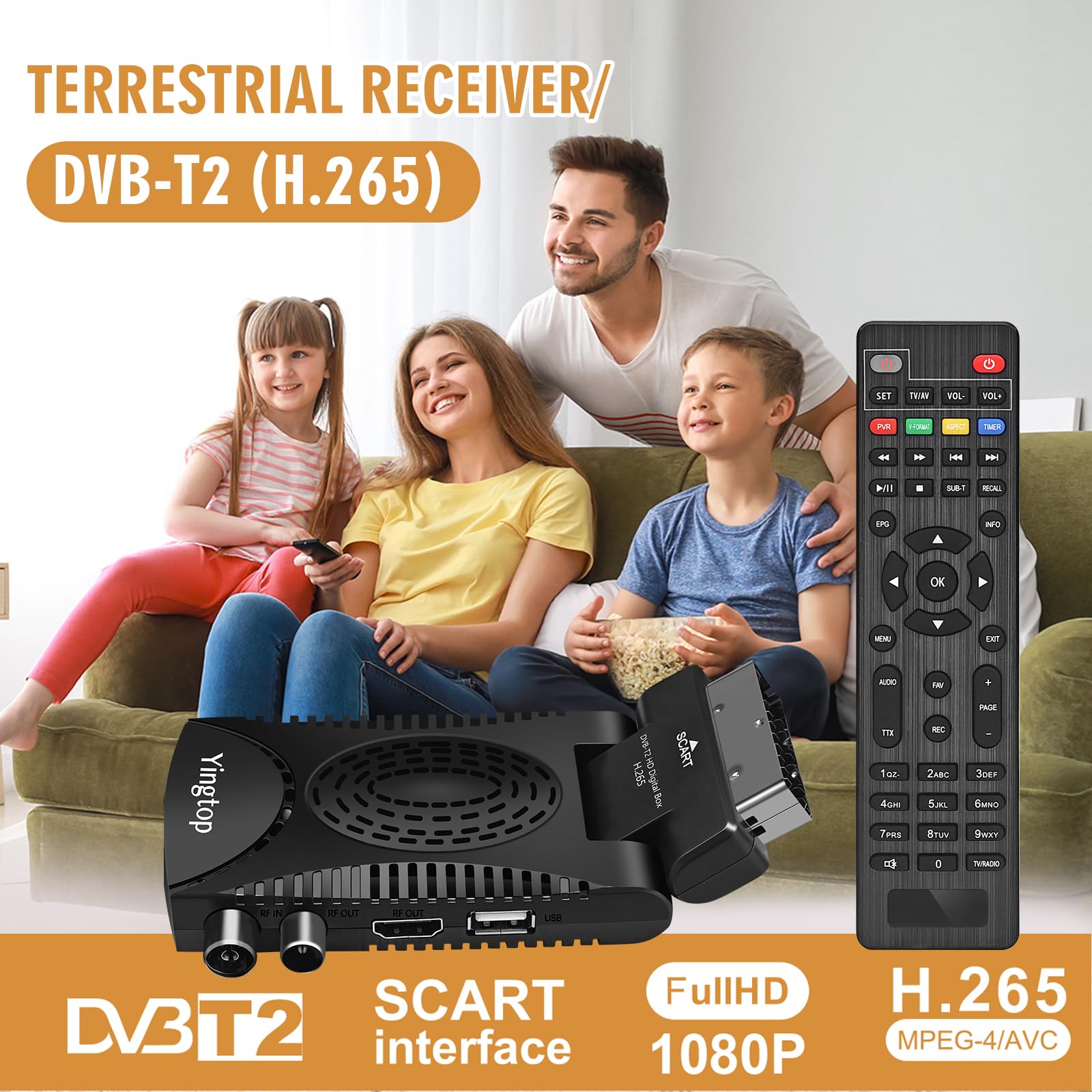 Mini Decodificador TDT HD - DVB-T T2 H.265 HEVC Full HD PVR, USB, HDMI, SCART,Sintonizador de televisión Digital Terrestre, Compatible con HEVC 265 - Digital Full HD 1080p/ Dolby/MPEG-2/4, H.265