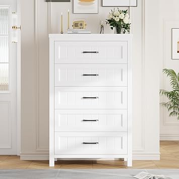 Jocoevol 5 Drawer Dresser for Bedroom - Farmhouse 44.9" Tall Chest of Dresser with Large Storage, Rubst Wood Construction for Living Room, Hallway & Entryway - White