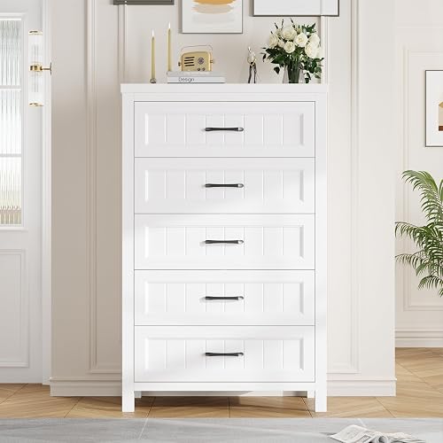 Jocoevol 5 Drawer Dresser for Bedroom - Farmhouse 44.9" Tall Chest of Dresser with Large Storage, Rubst Wood Construction for Living Room, Hallway & Entryway - White