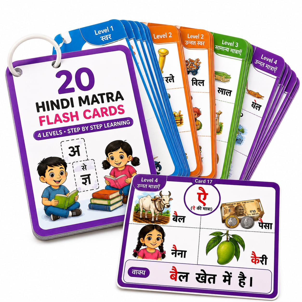 Hindi Matra Flash Cards for Kids Age 3+ | 20 Hindi Reading Flash Cards | 4 Color-Coded Learning Levels | 80+ Hindi Words & 20 Reading Sentences | Hindi Learning Cards with Ring Binding-image-11
