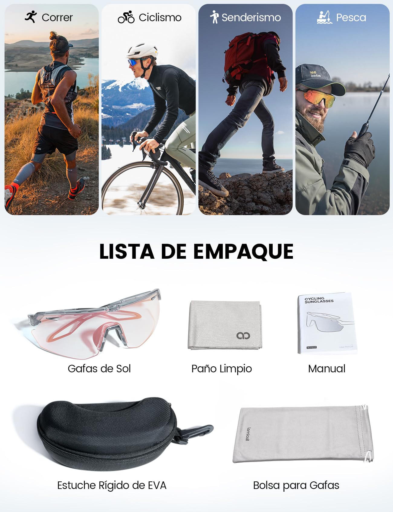 Lamicall Fotocromáticas Gafas Sol Ciclismo Hombre, Gafas de Sol Deportivas | 3S Fotocromática, 28g Ultraligero-TR90, UV400 Protección, Almohadilla Nasal Ajustable, Gafas para Pesca/Running/Senderismo