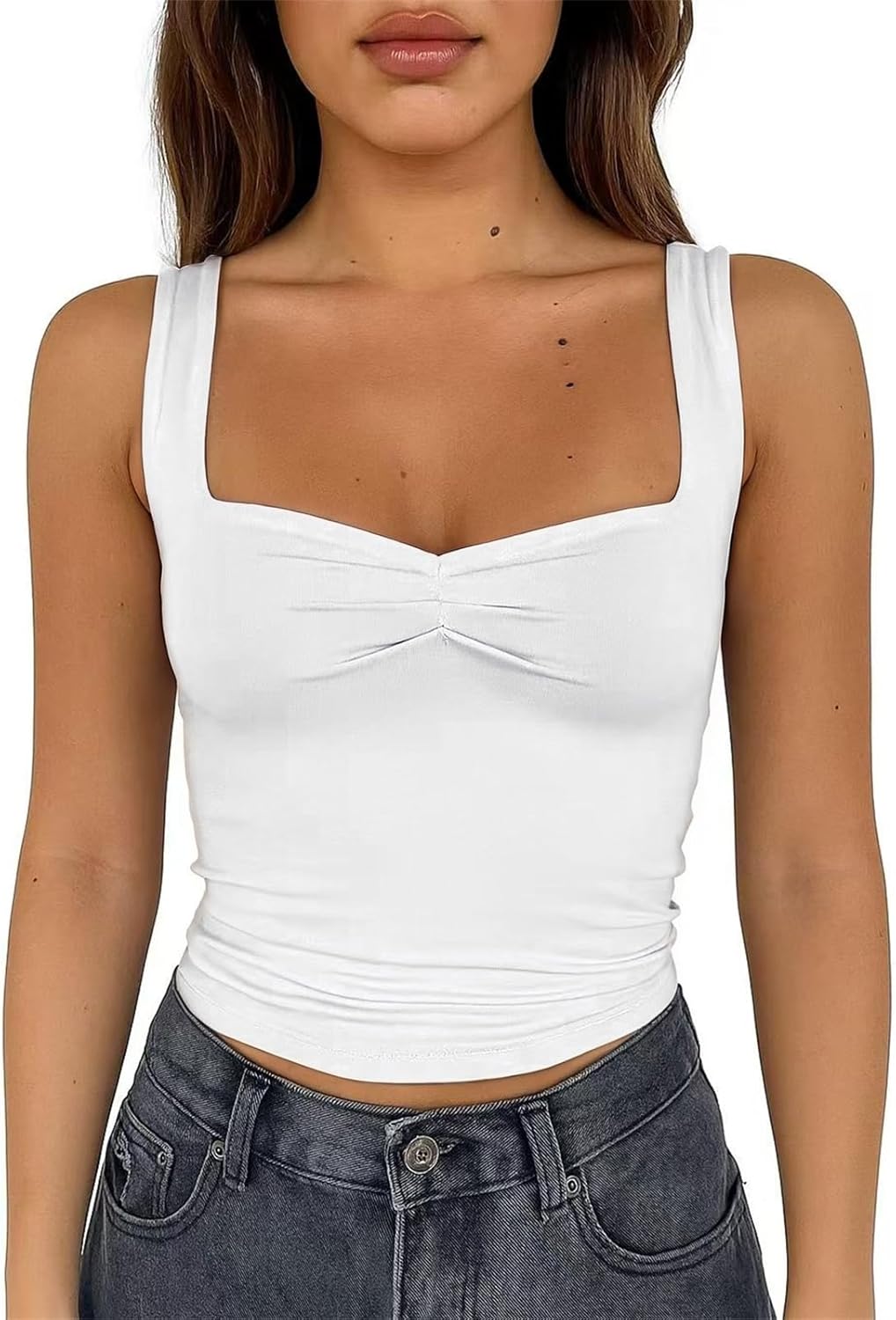 ForeFair Women's Sexy Sleeveless Tank Top Summer Going Out Top Pleated Sweetheart Neck Strap Tight Slim Fit Cute Tops - Image 2