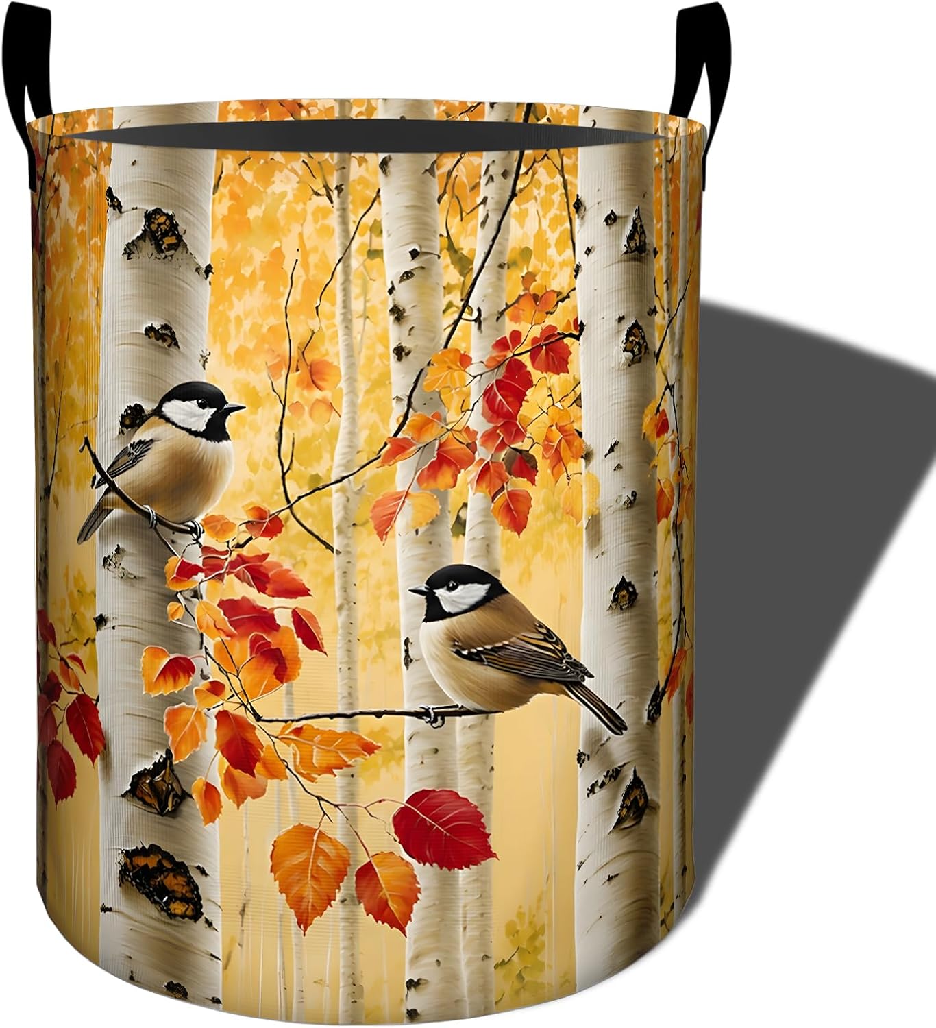 Autumn Bird Laundry Basket, Warm Rustic Waterproof Fabric Hamper with Handles, Birch Forest Decorative Design for Apartment Closet, 19.7x15.7 Inch Foldable Clothes Organizer Gifts