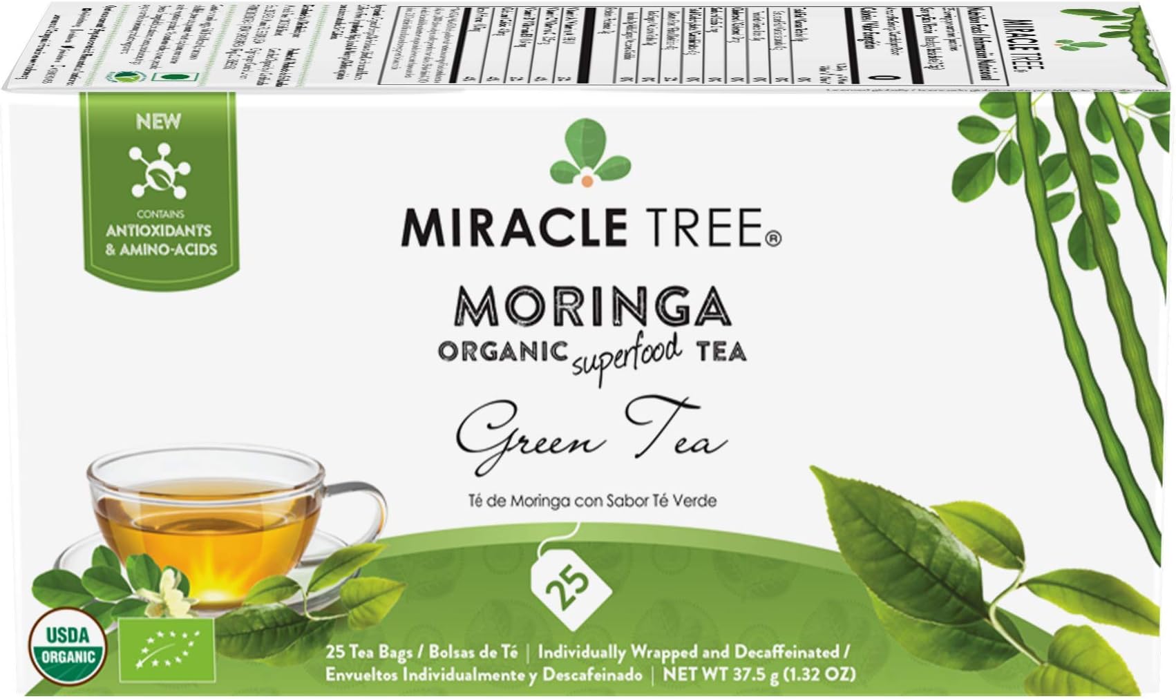 Miracle Tree - Organic Moringa Superfood Tea, 25 Individually Sealed Tea Bags, Green Tea (Keto, Detox, Energy & Immunity Booster, Vegan, Gluten-Free, Organic, Non-GMO, Decaffeinated)