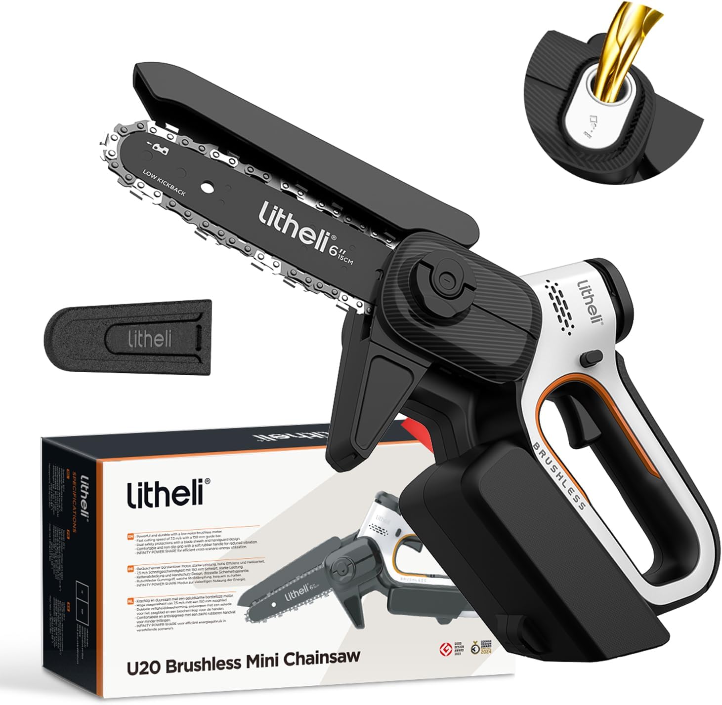 Litheli 20V Mini Chainsaw 6 inch Brushless Cordless Chain Saw, 450W 24.6ft/s Auto-Oiling Handheld Electric Chainsaw for Pruning, Wood Cutting, Yard, Garden (Tool Only, Compatible with U20 Battery)