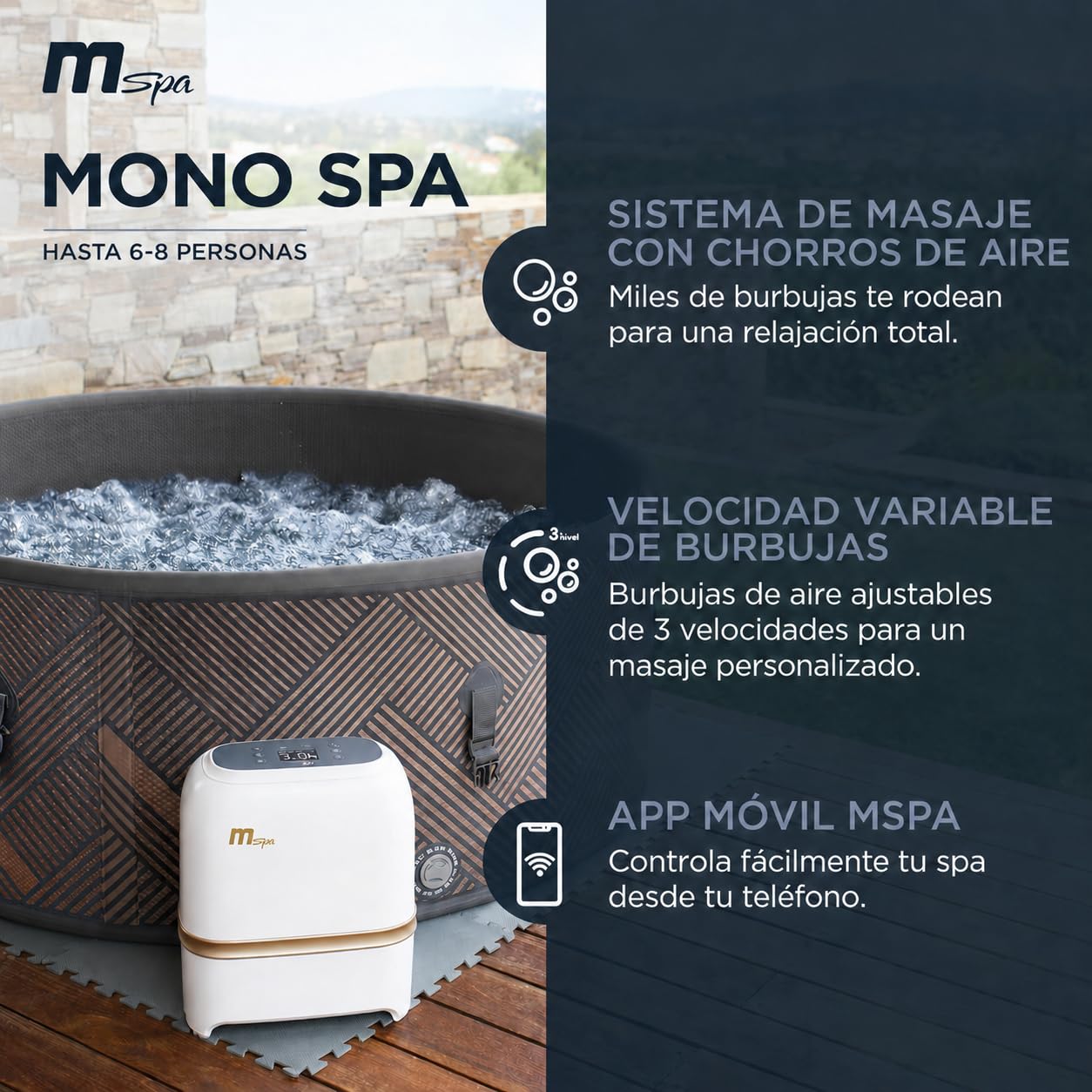 MSpa Mono-Eco SPA Hinchable semirrígido Circular 6-8 Personas con hidromasaje Air Jet, calefacción, filtración Inteligente, ozono y desinfección UVC