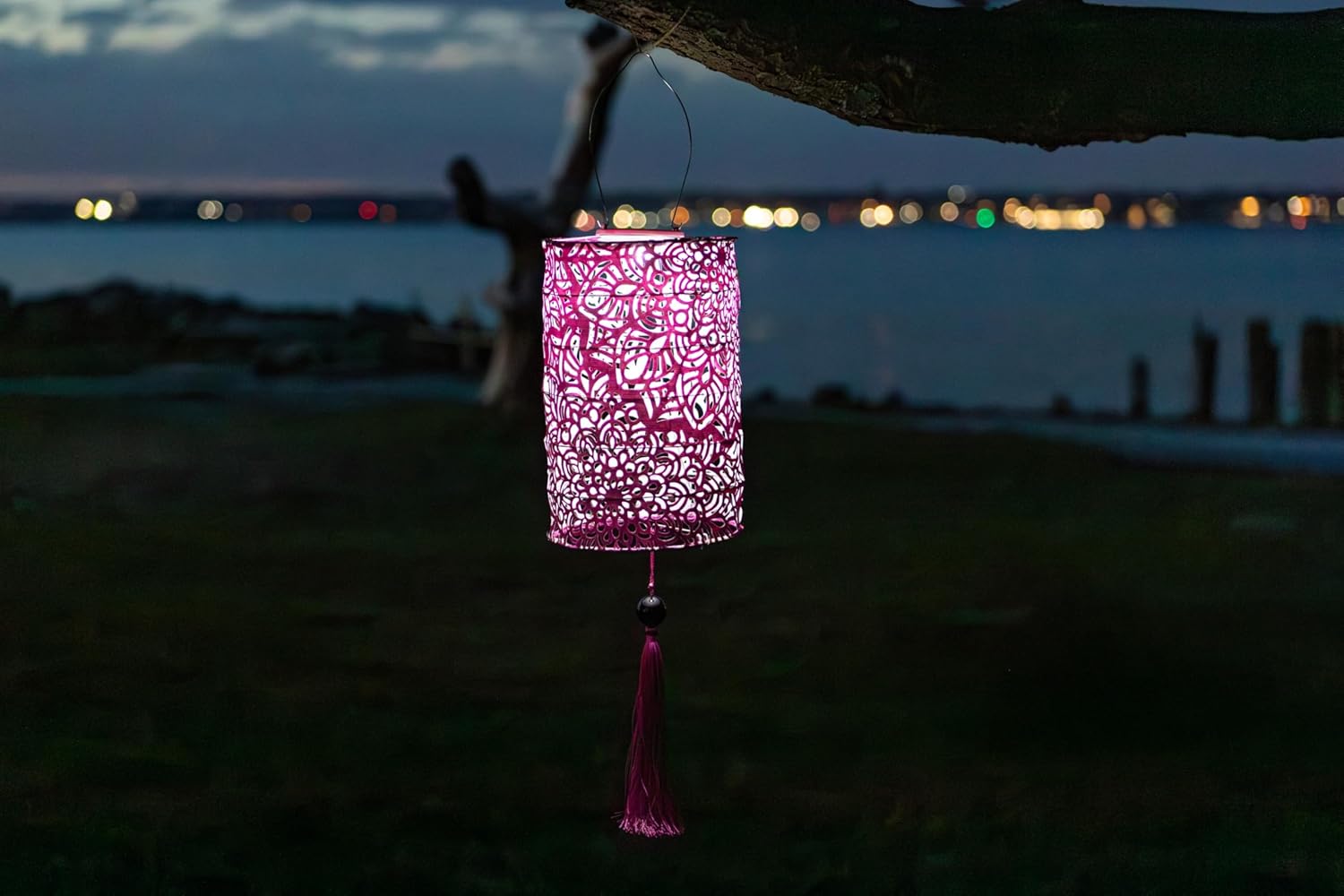 Allsop Soji Stella Tassel Solar Lantern, 7.25" LED Outdoor Light, Weather-Resistant UV Treated Fabric, Stainless Steel Hardware, Auto Sensor on/Off, for Patio, Deck, Garden (Cylinder - Raspberry)