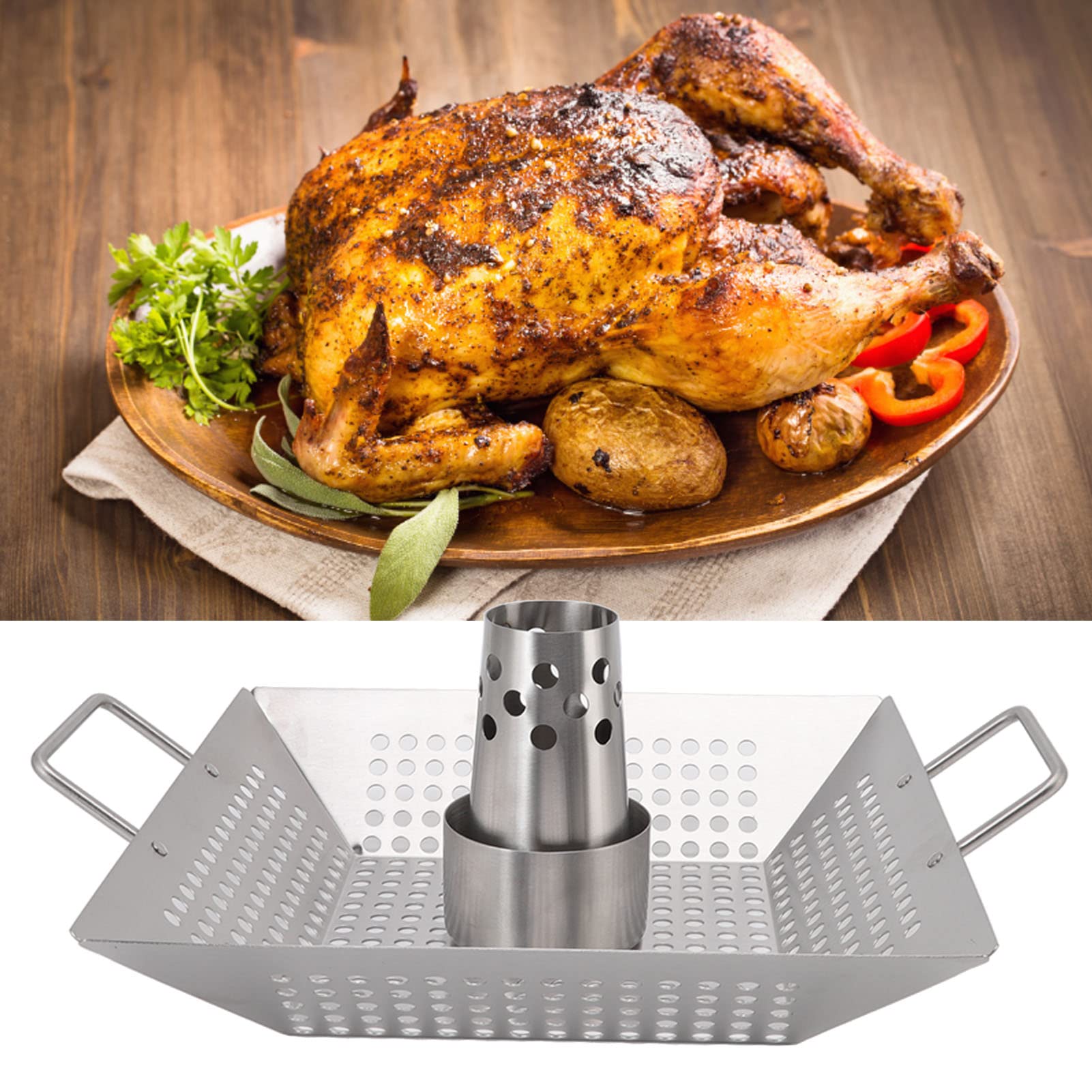 Rejilla vertical para pollo de acero inoxidable, soporte para asador de pollo con lata de cerveza con base de bandeja goteo, bandeja para aves de corral para horno parrilla