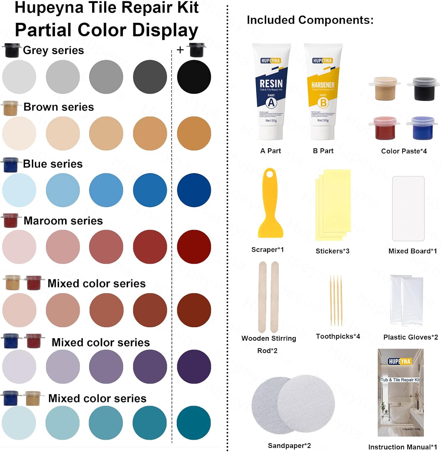 Tub, Tile and Shower Repair Kit (Color Match), Hupeyna Porcelain Repair Kit, Bathtub Repair Kit for Chips Dents Cracks Holes Scratchs, etc. Fiberglass Repair Set - Offer More Color Options - Image 2