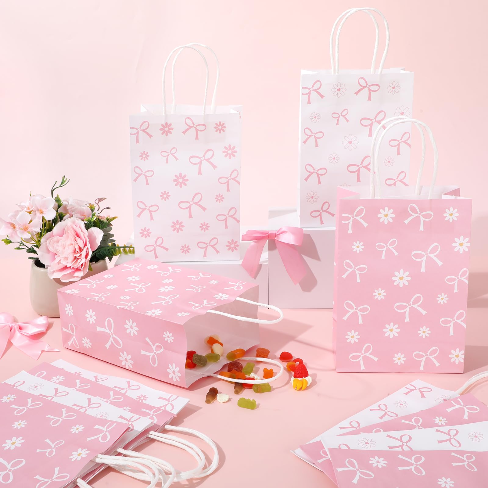 Floral Party Favor Gift Bags With Handles For Wedding, Baby Shower Birthday 24 Pack 