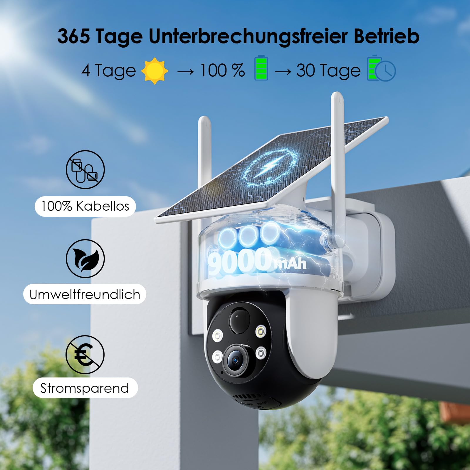 CZEview 4K 8MP UHD Überwachungskamera Aussen Akku Solar, Kabellos, Weiß | 100% kabellos, 4K UHD, Nachtsicht, Bewegungsalarme, PTZ 360°, wetterfest, lange Akkulaufzeit, einfache Install.