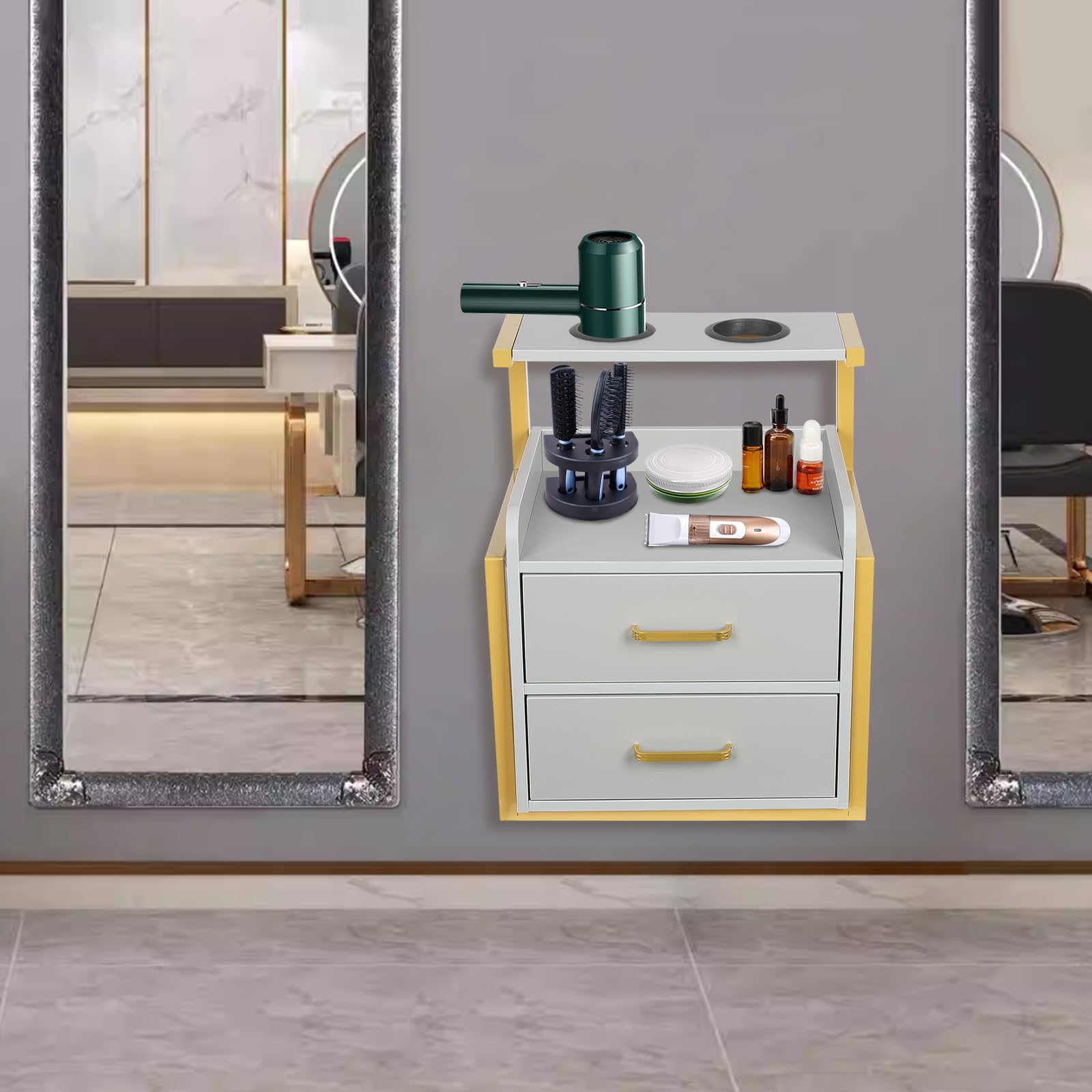 Armadio da salone sospeso per parrucchiere con 2 cassetti e scaffalatura a parete con porta asciugacapelli per spa, barbiere, saloni