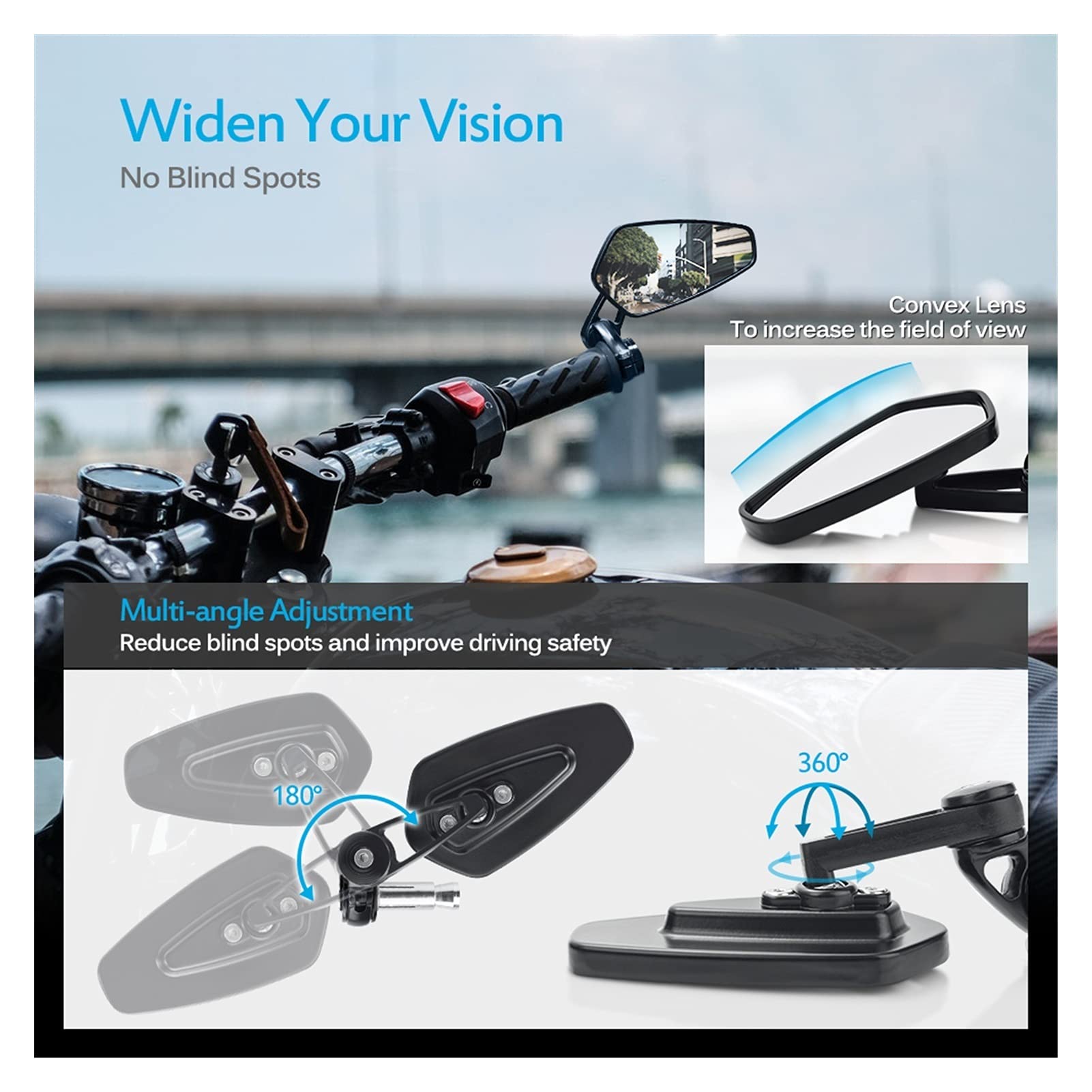 Lusterko Wsteczne 7/8 "para Motocykla Uniwersalna Rękojeść Koniec Lusterka Wstecznego CNC Aluminium 360 Uchwyt Obrotowy Lusterka Boczne(CZARNY)
