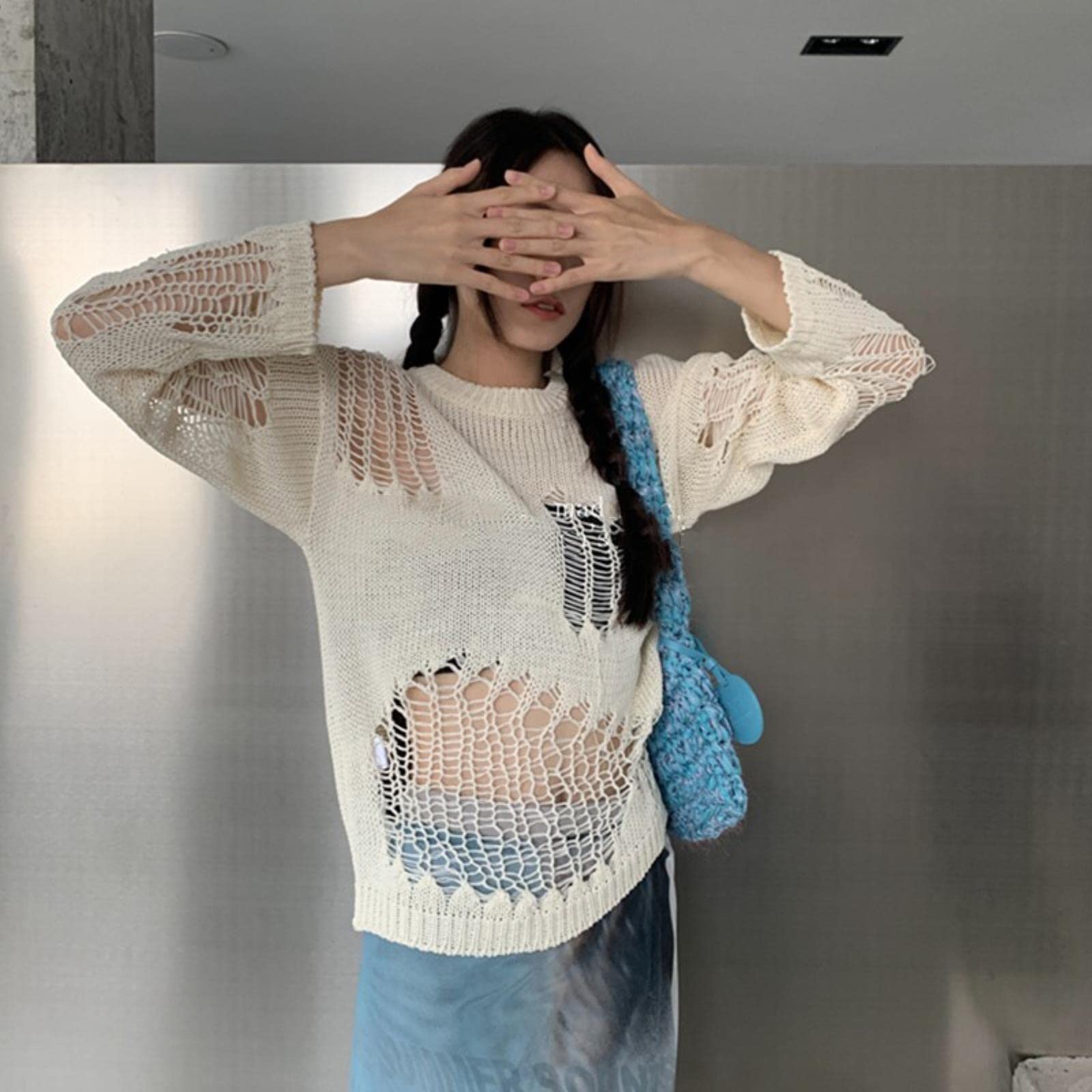 Pull Gothique Oversized à Motifs Ajourés - Style Emo Streetwear Grunge Y2K - Manches Longues, Uni - Pour Femmes