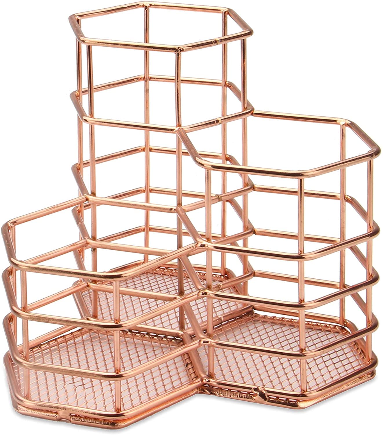 Amyli Pen Holder for Desk, Makeup Brush Organizer, 3 in 1 Rose Gold Metal Pencil Holders, Hexagon Metal Hollow Organizer, Pencil Cup for Home School Office Vanity