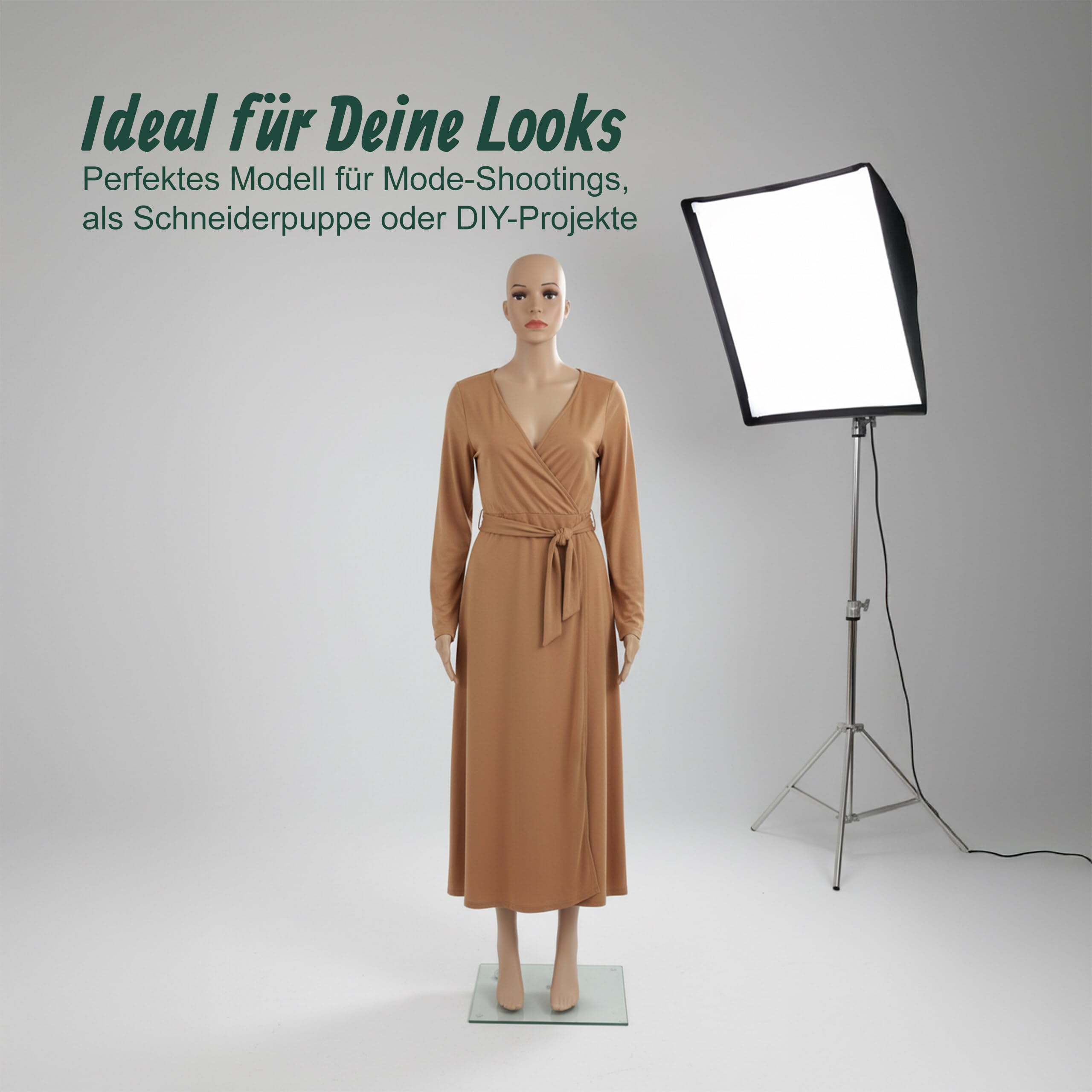 Relaxdays Schaufensterpuppe weiblich, lebensgroß, 175 cm, Kopf & Arme beweglich, Schneiderpuppe mit Glasständer, beige