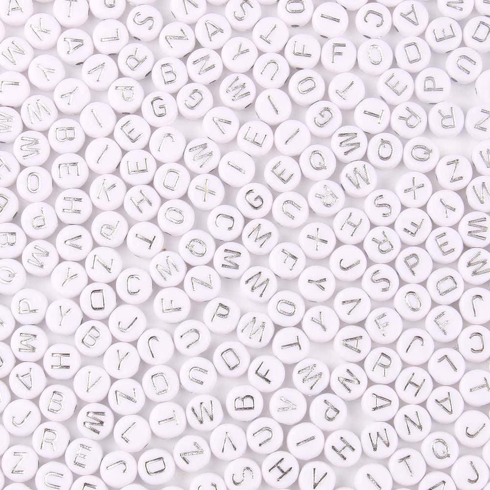 Acrylic Letter Beads Alphabet Silver Letters White Round Bead, 4×7mm 1200pcs, for Friendship Bracelets and Gifts Souvenir Jewelry Making