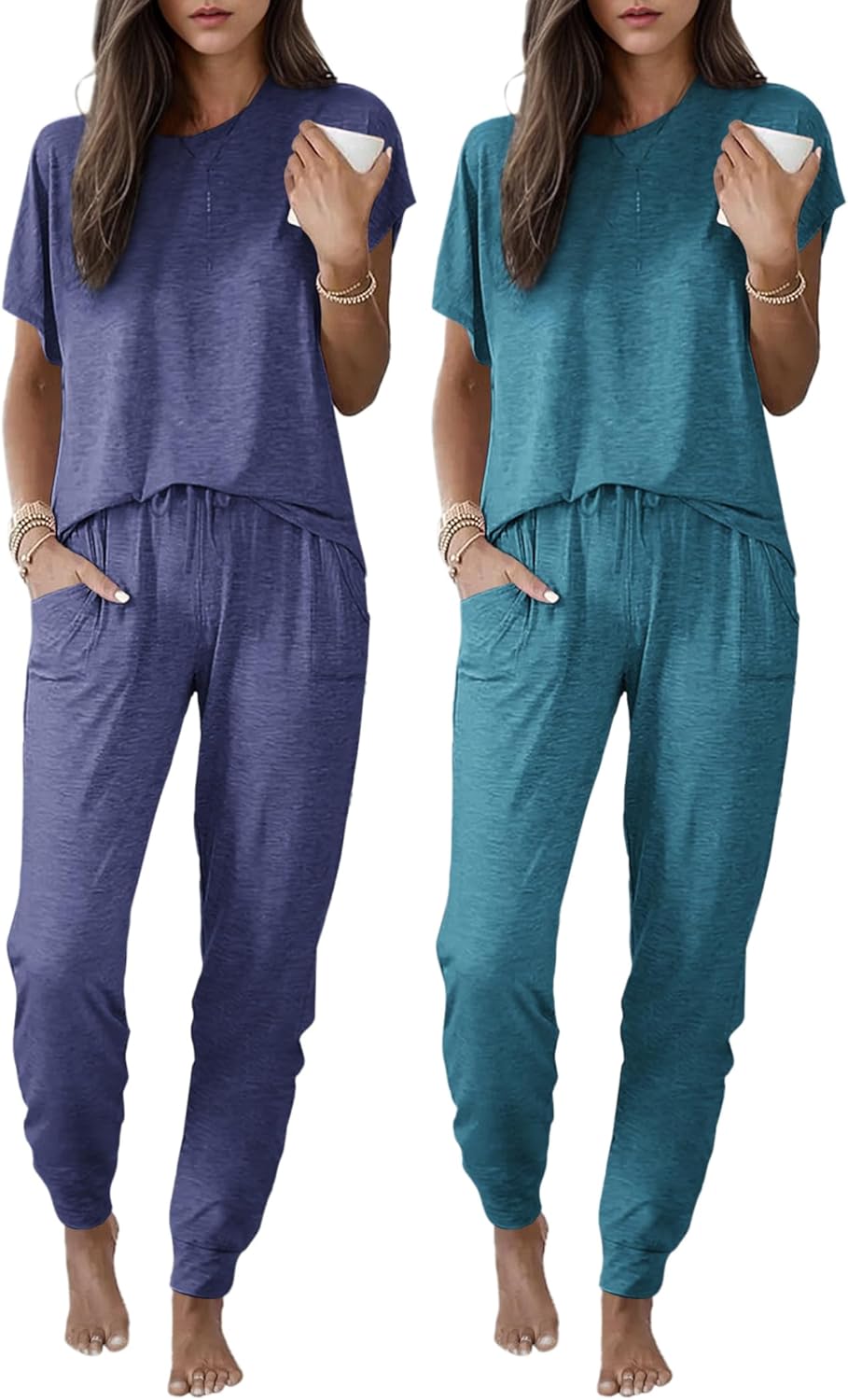 Ekouaer 2 pack Pajama Sets for Womens Jogger Pants Pjs Short Sleeves Lounge Set Soft Sleepwear with Pockets