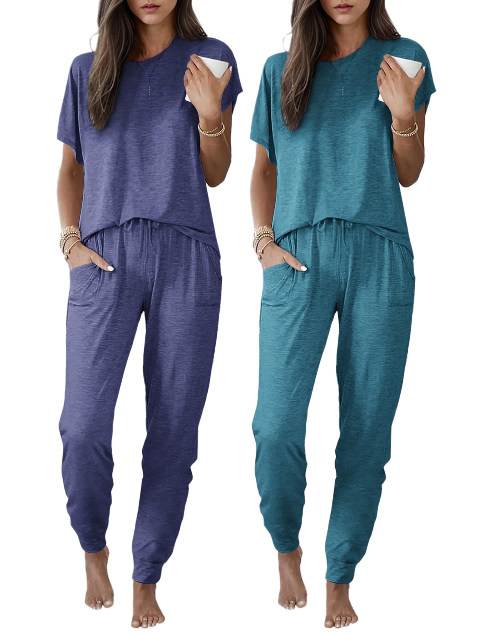 Ekouaer 2 pack Pajama Sets for Womens Jogger Pants Pjs Short Sleeves Lounge Set Soft Sleepwear with Pockets