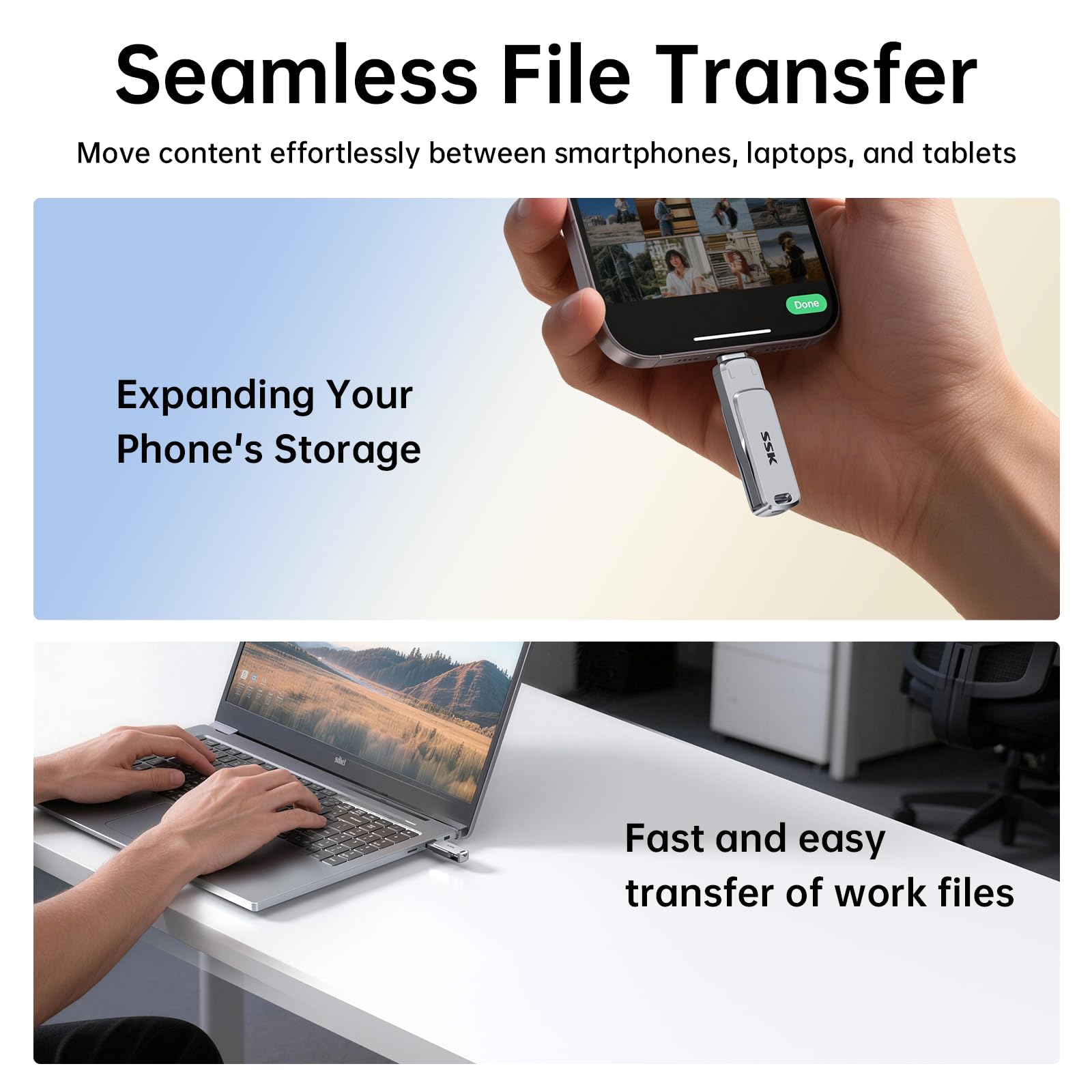 SSK 256 GB Chiavetta USB Dual Connettori, Chiavetta USB C Flash Drive fino a 220 MB/s Tipo-C e USB-A Memory Stick per iPhone 15/16/17Pro/Android OTG con impermeabile, antipolvere e anti-caduta