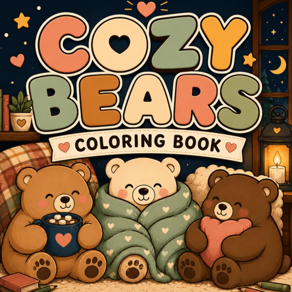 Cozy Bears Coloring Book: 25 Adorable Bear Illustrations for Relaxation, Stress Relief and Cozy Coloring Fun